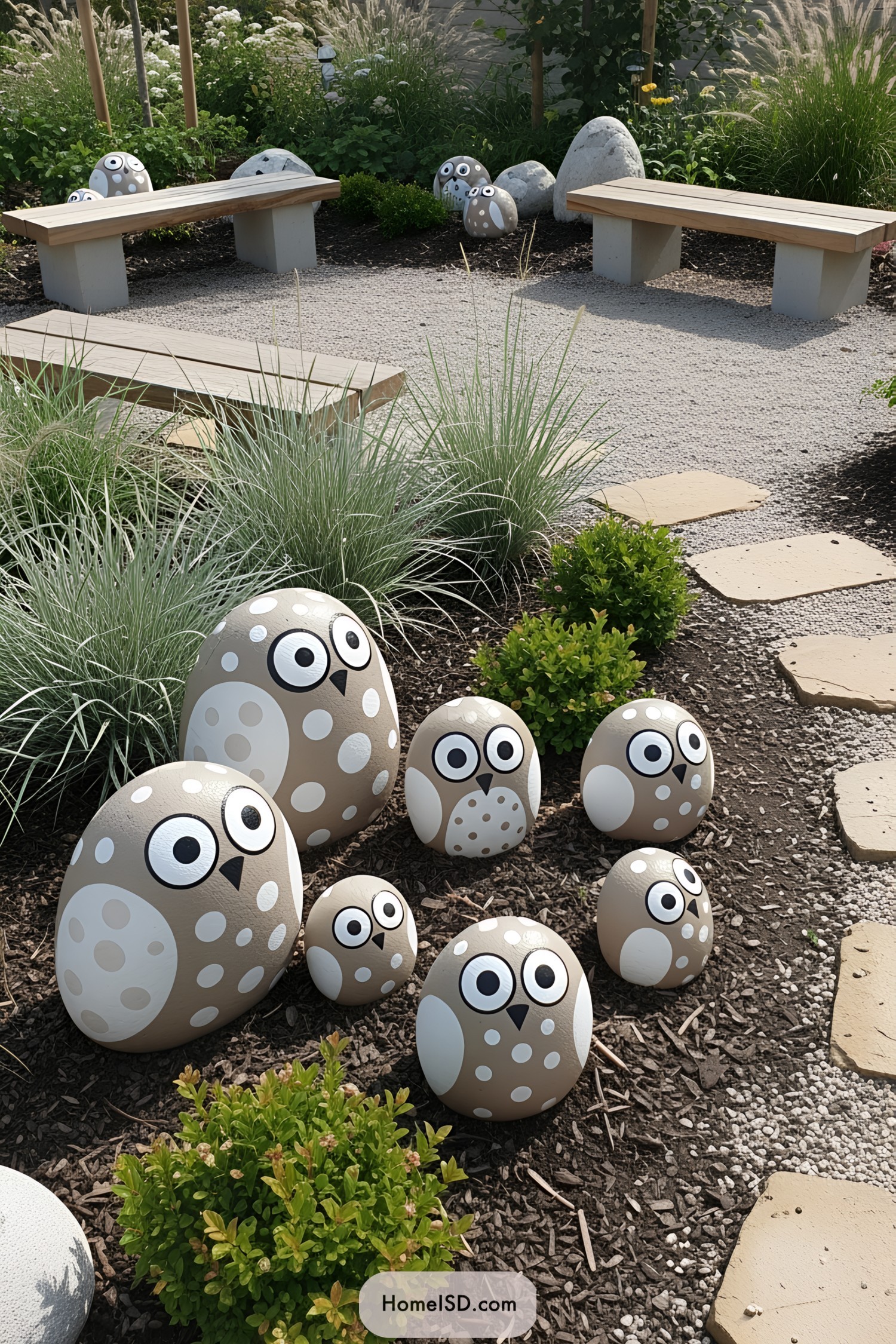 Painted owl rocks surrounded by garden greenery