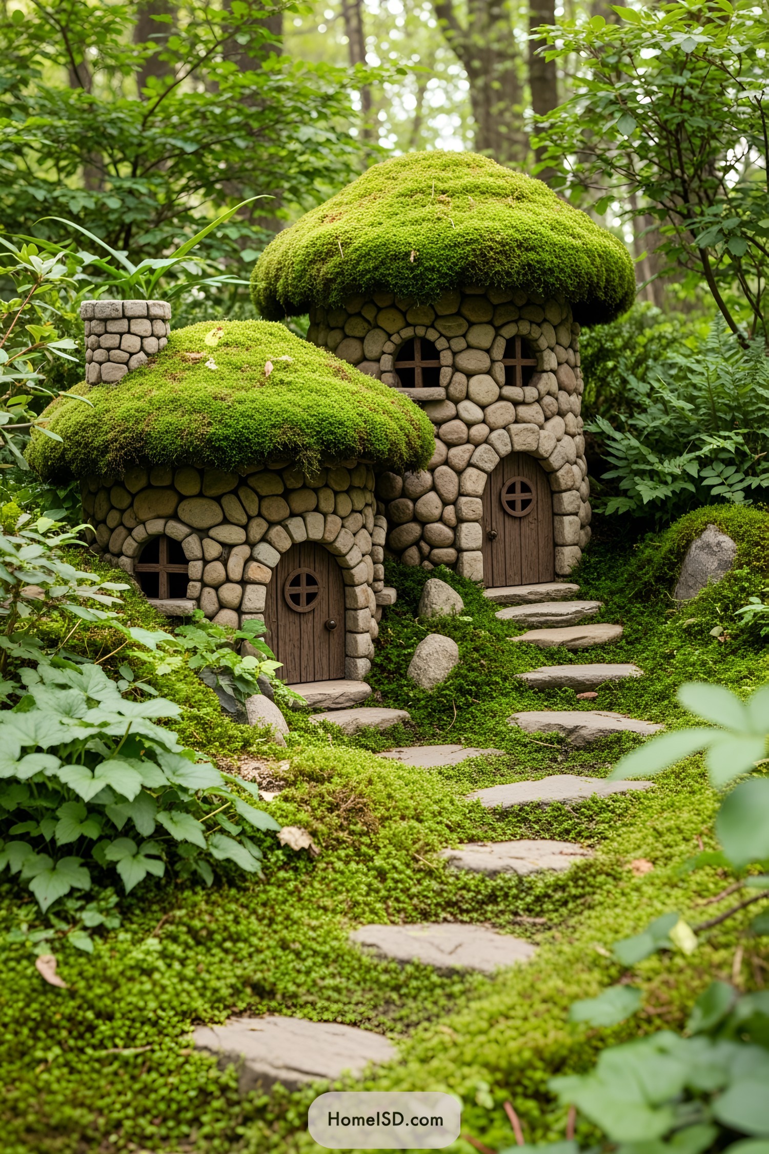 Miniature stone cottages with moss roofs in a wooded area