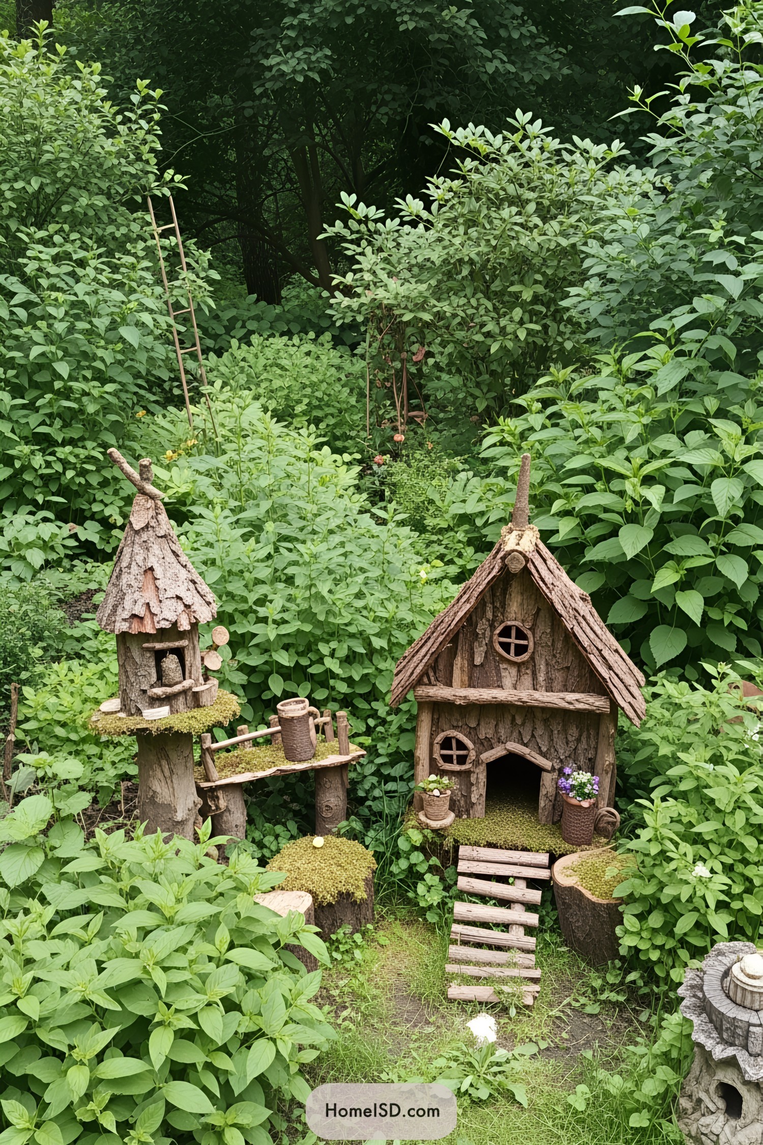 Fairy dwellings crafted from bark and twigs