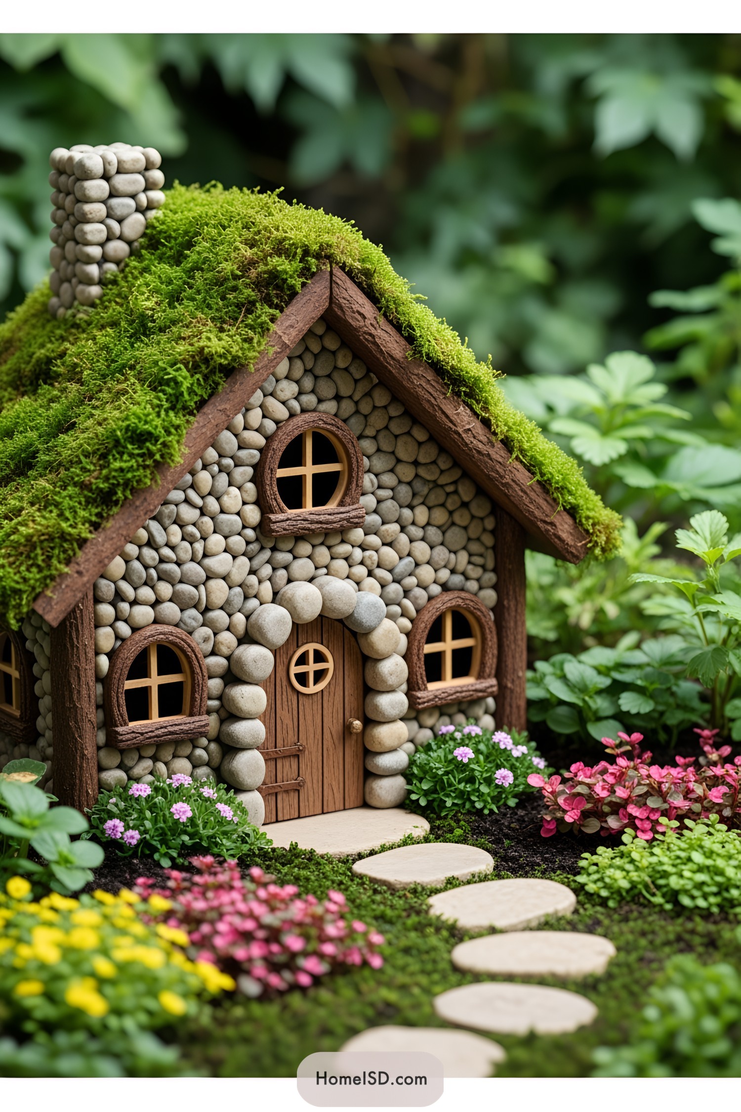 Miniature house with a pebble façade and mossy roof