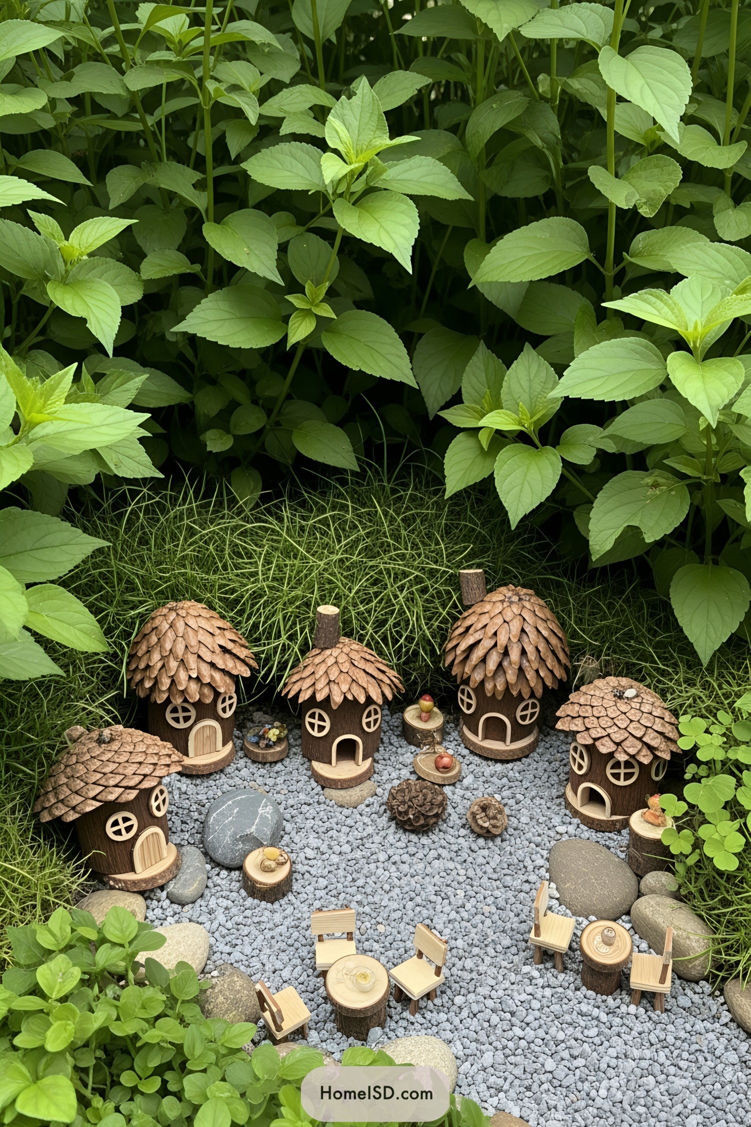 Miniature fairy houses with stone path and leafy surroundings