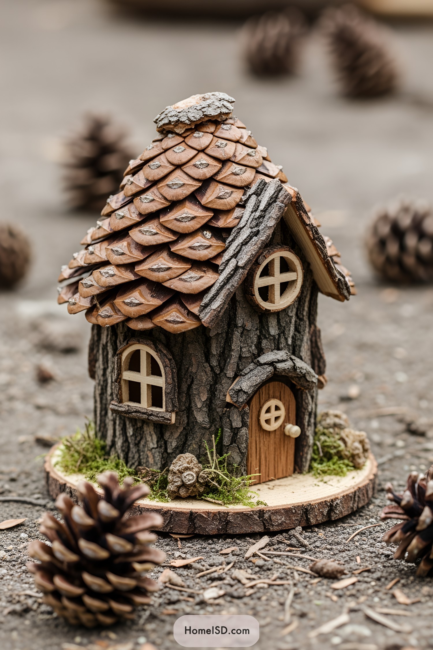Miniature house crafted from bark and pinecones