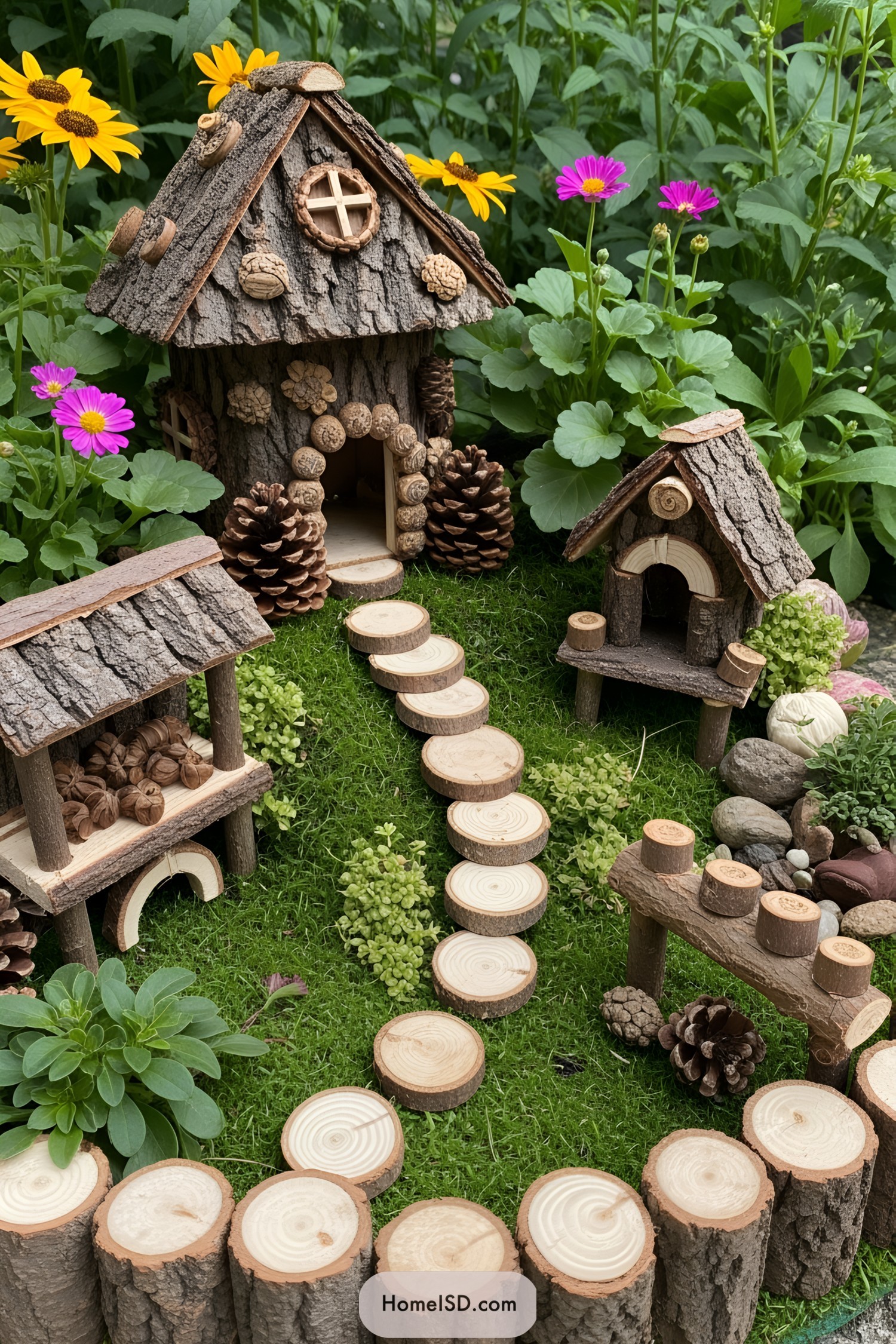 Tiny wood-crafted fairy homes surrounded by flowers