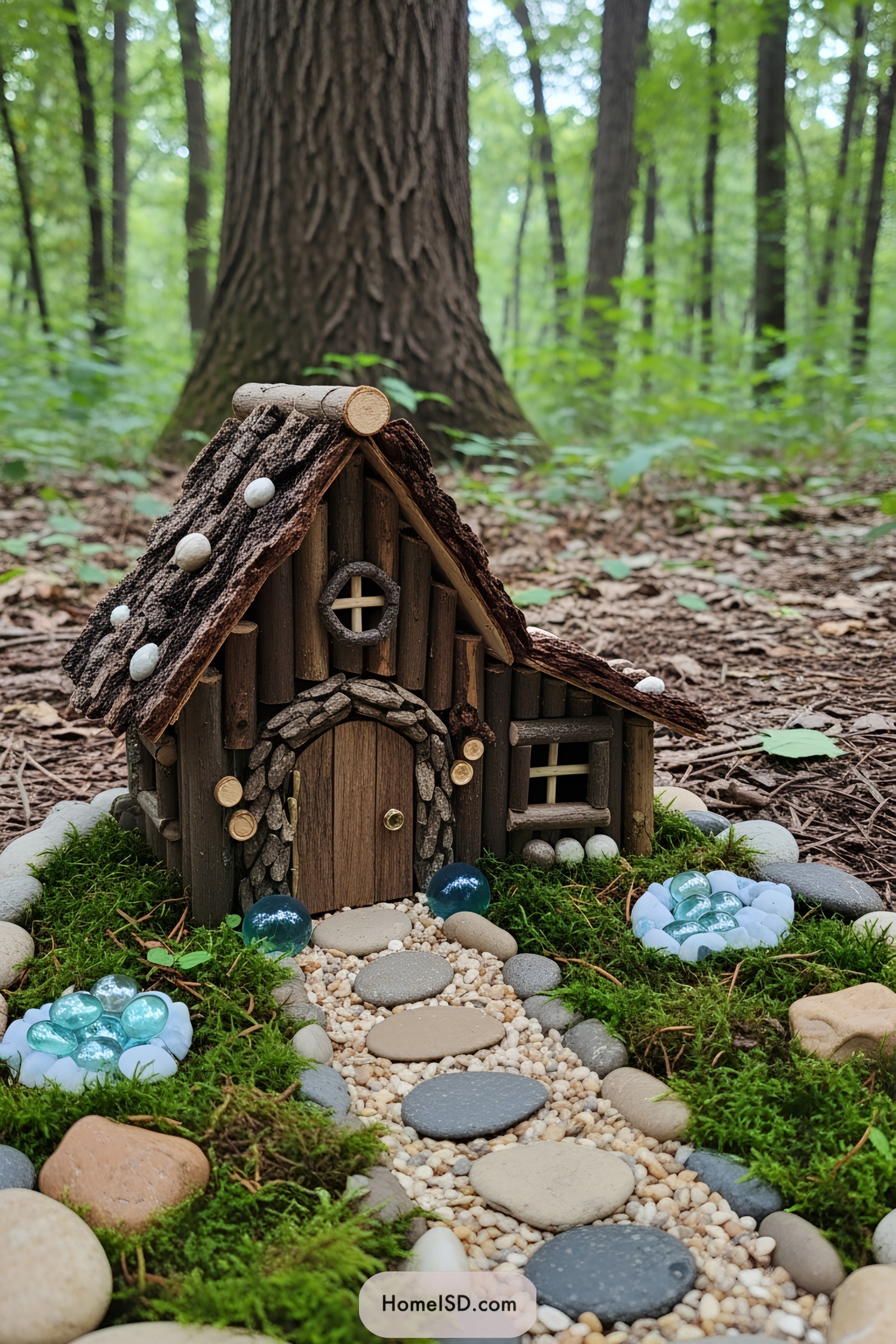 Small fairy house made of bark and pebbles with a mossy path