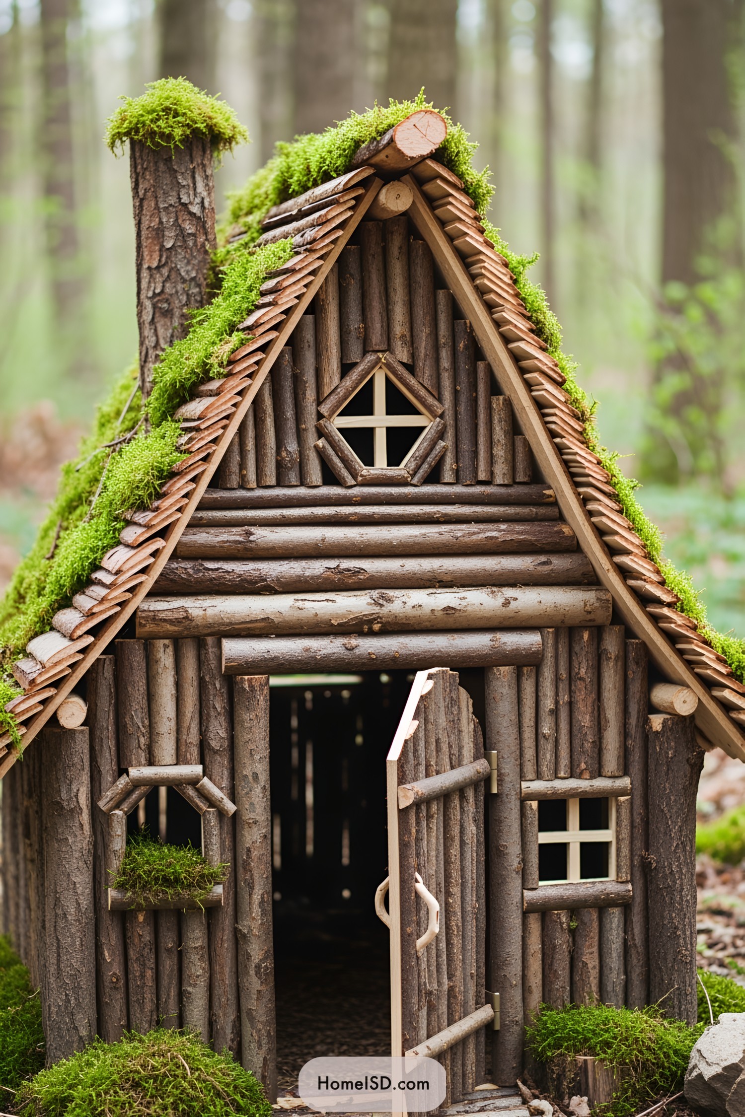 Tiny log house with mossy roof