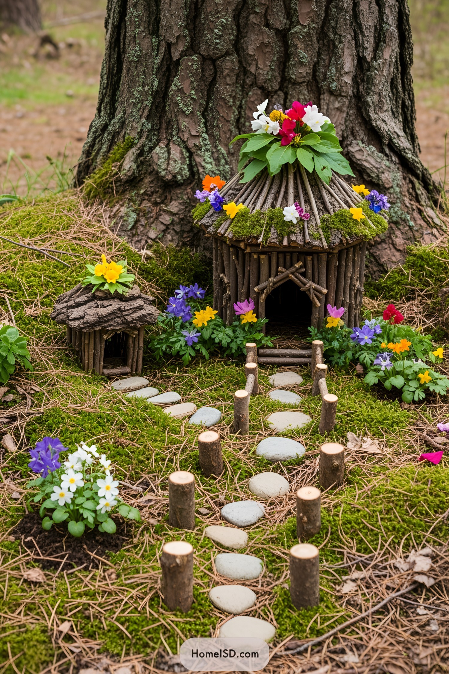 Miniature fairy houses made from sticks and flowers by a tree base
