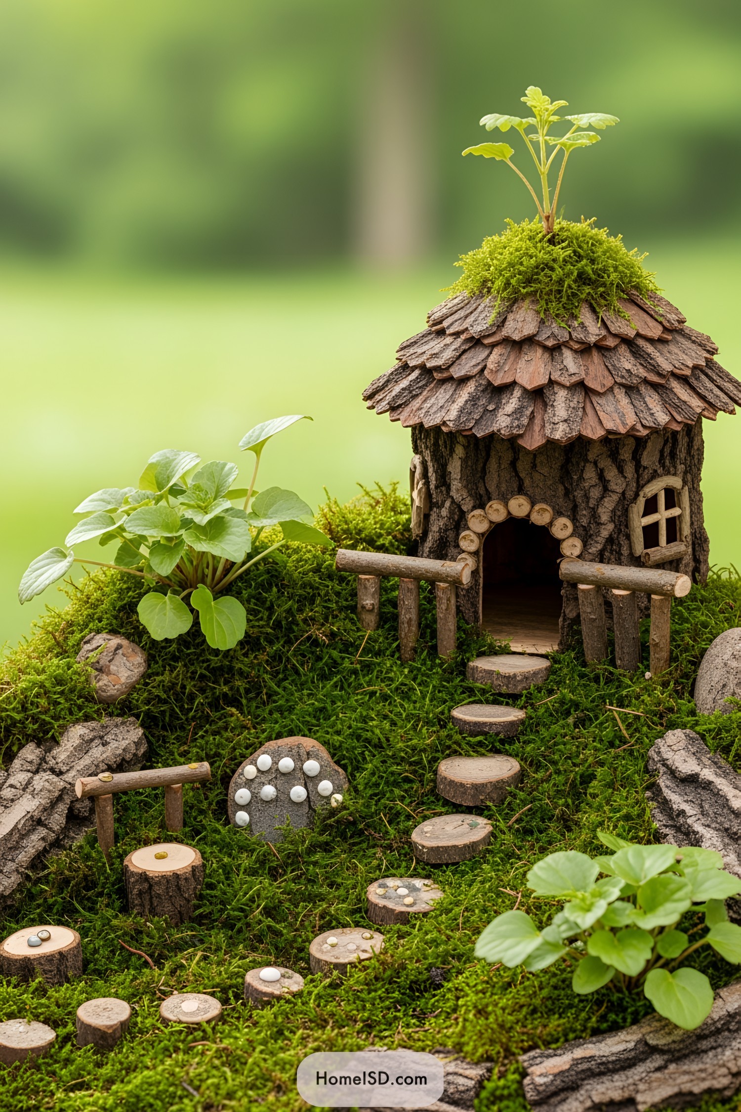 Tiny fairy house with bark roof nestled in moss