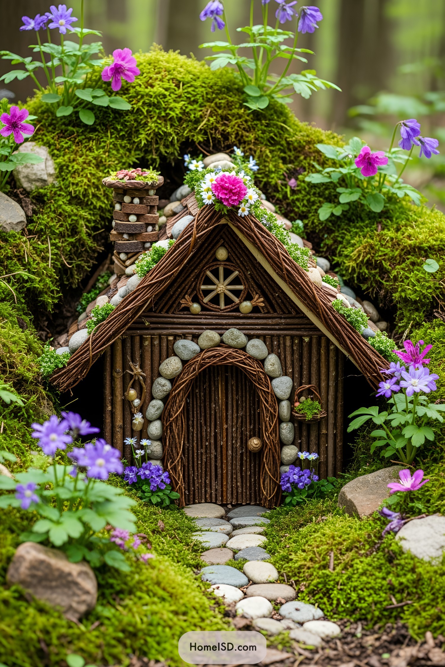 Fairy house with stick and stone design, surrounded by colorful flowers and moss