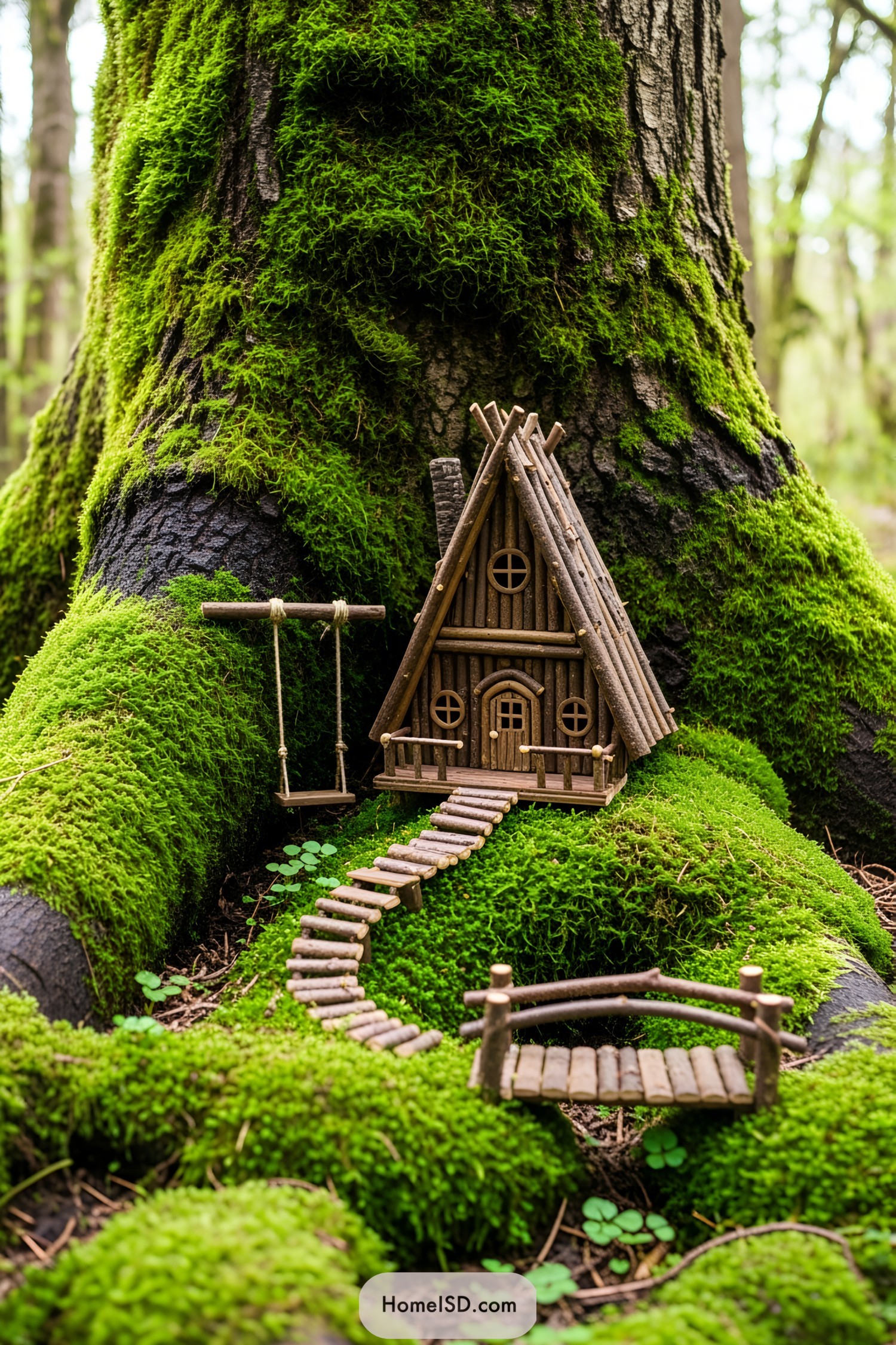 Miniature fairy house nestled against a moss-covered tree trunk