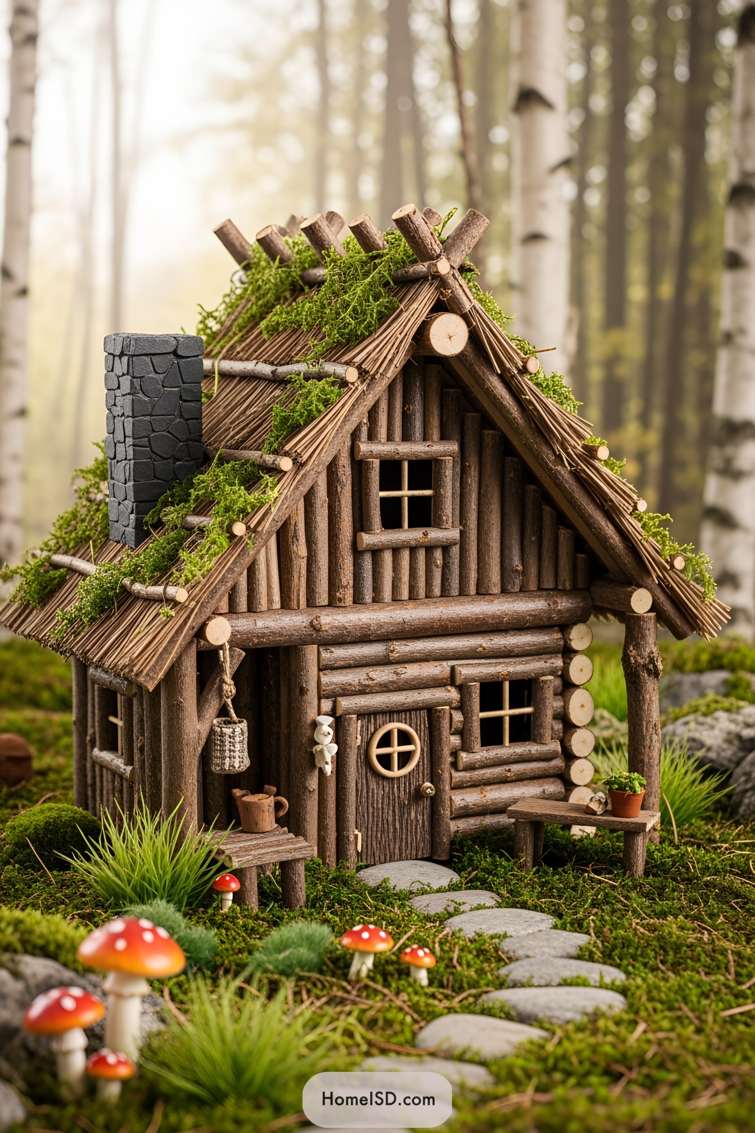 Adorable mini log house with a mossy roof amidst a forest setting