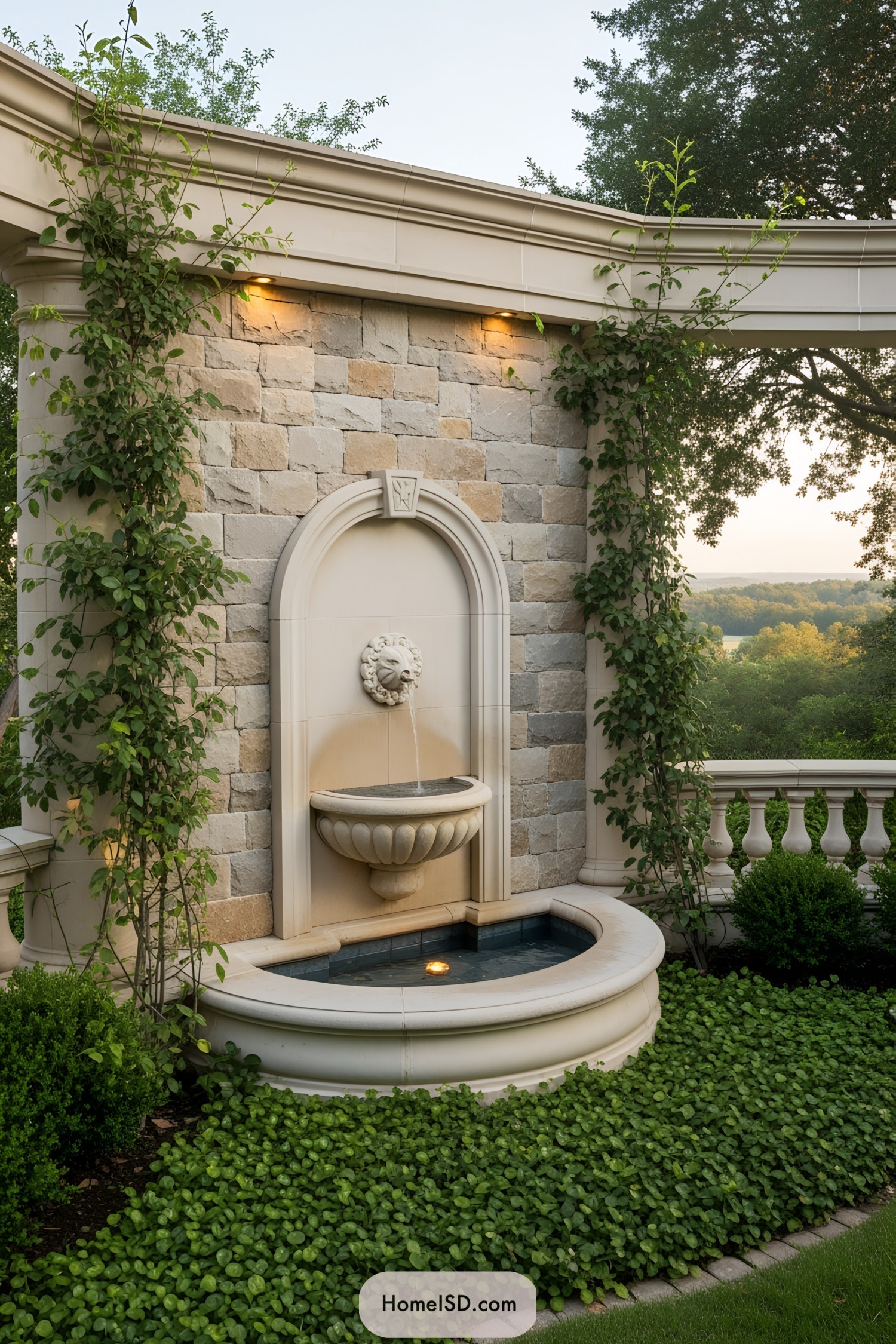Elegant stone wall fountain with foliage