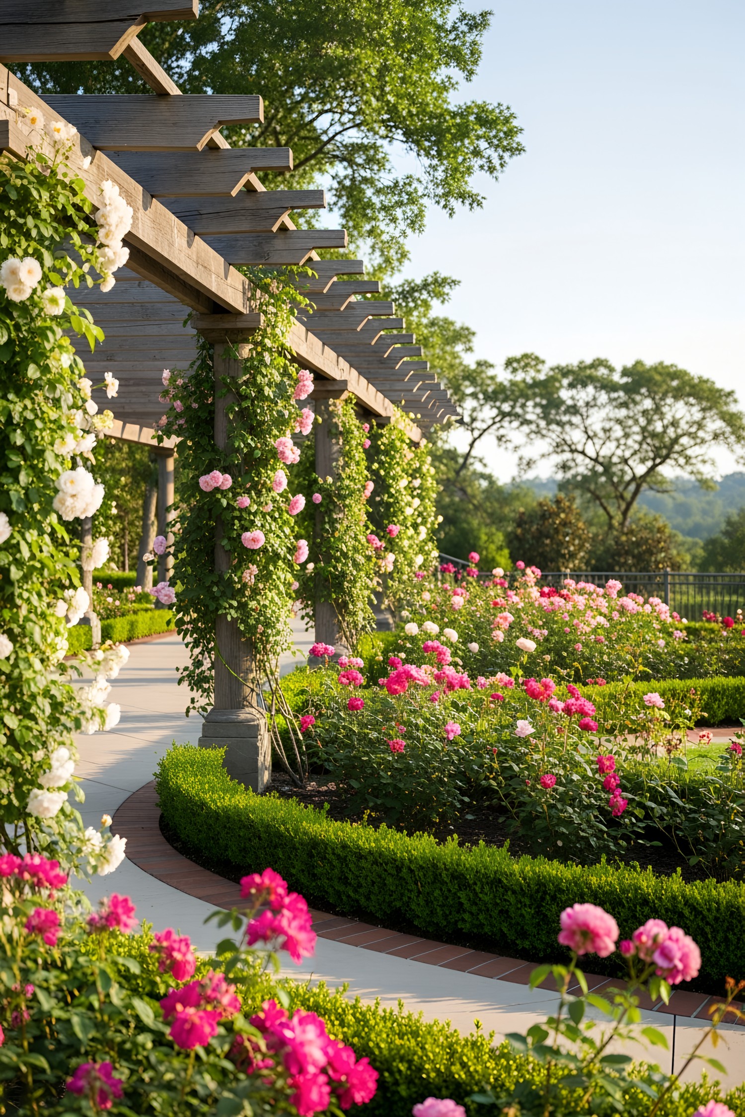 Pergola walkway with climbing flowers and lush garden