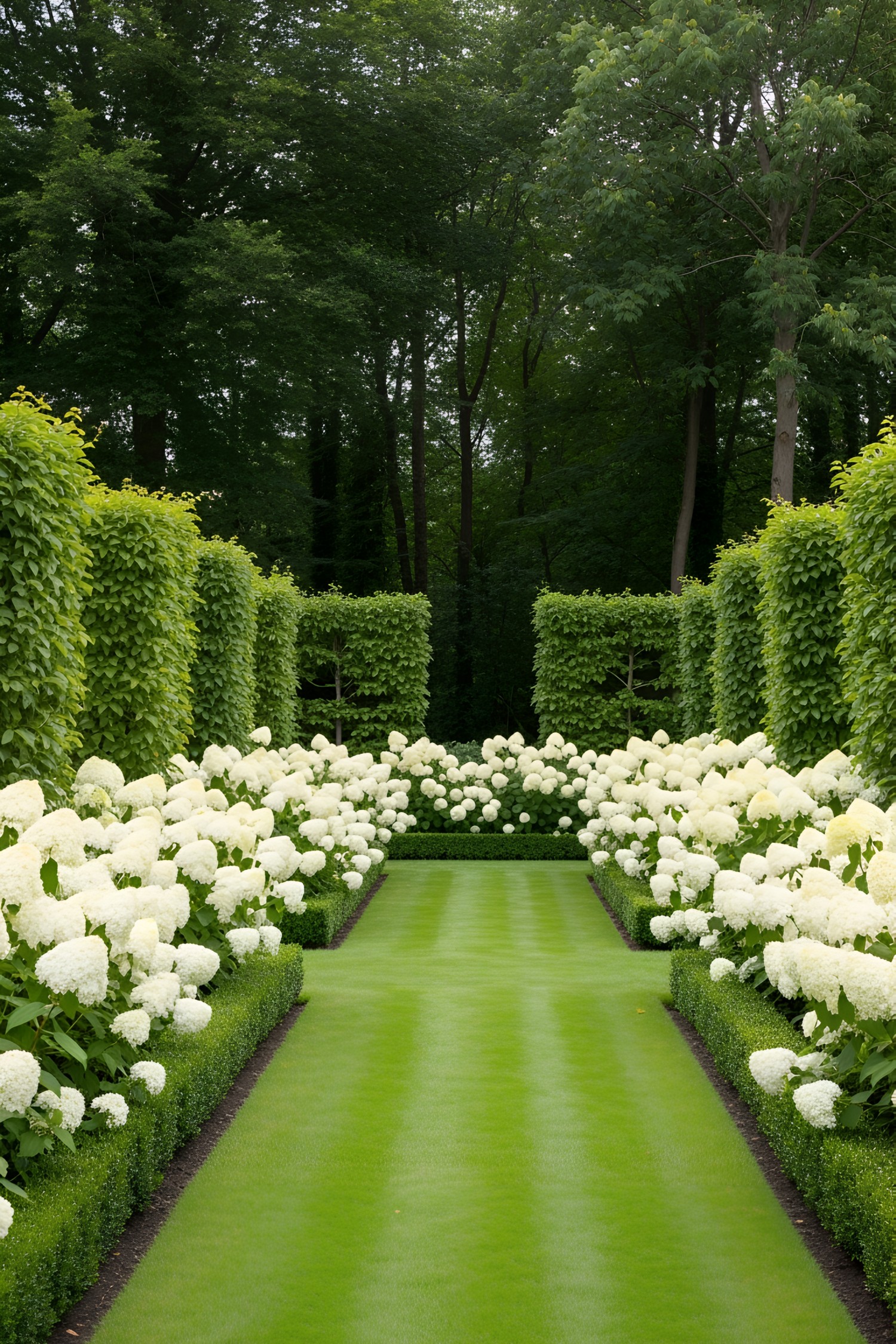 Lush garden path lined with white hydrangeas and trimmed hedges
