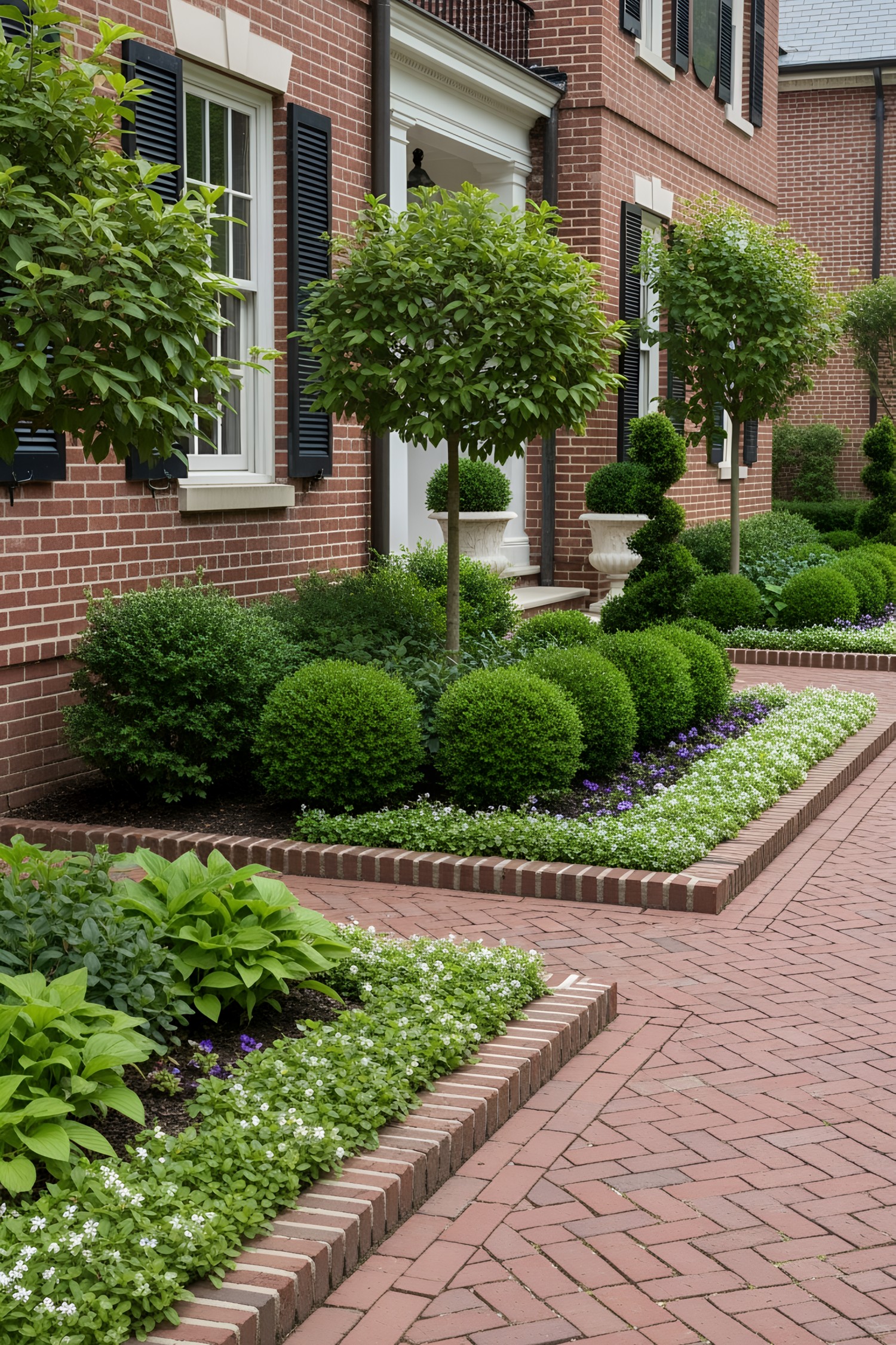 Brick garden paths bordered by lush greenery and manicured bushes