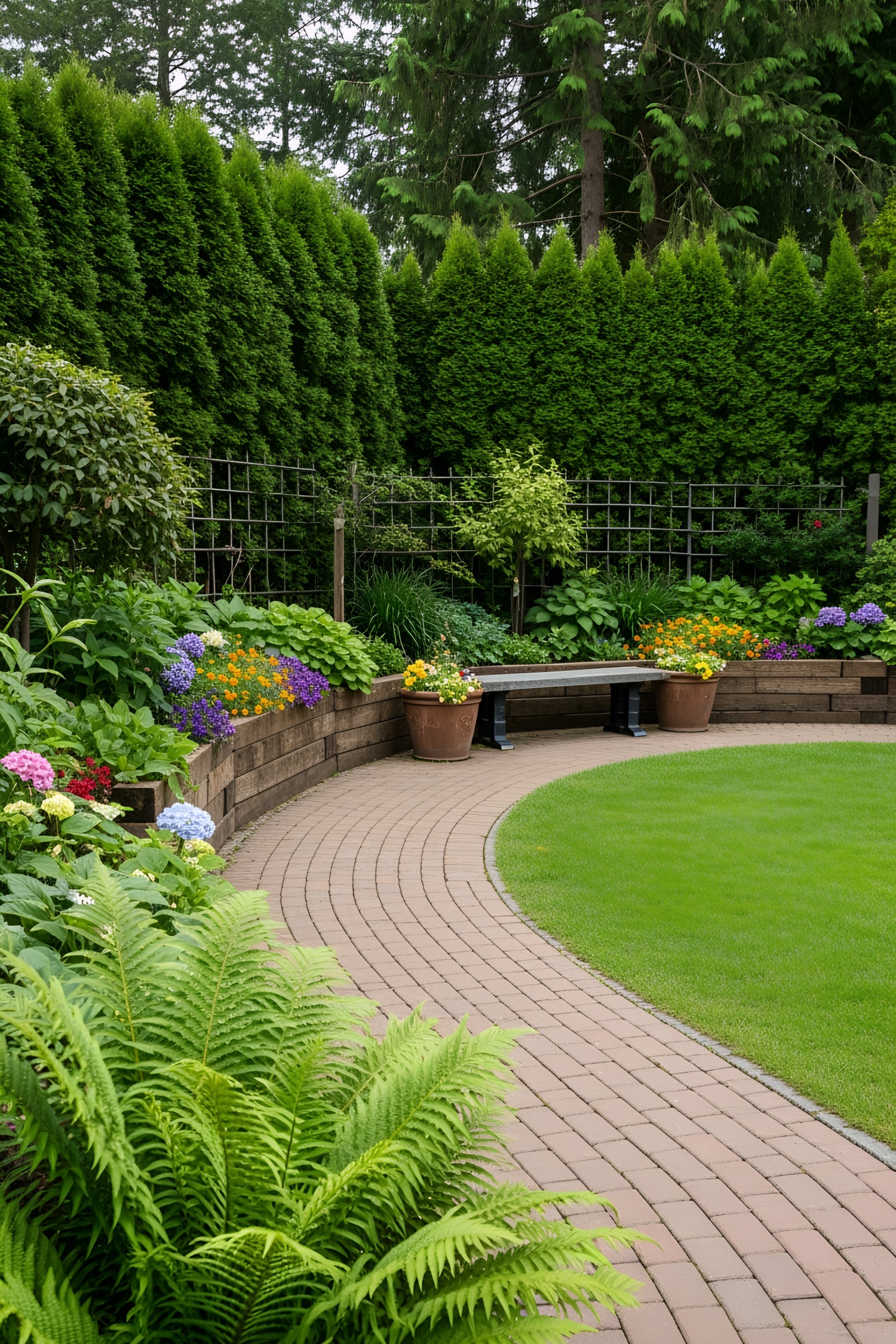 Colorful flower bed alongside a curved brick path