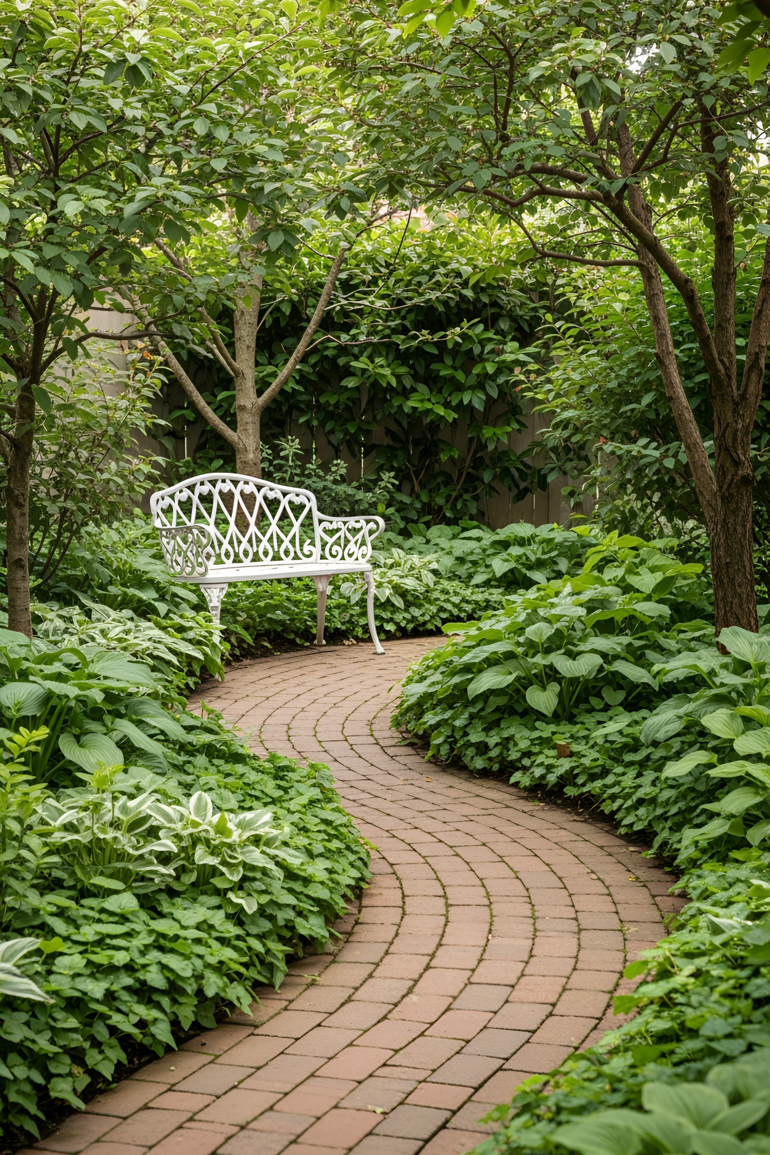 Curved brick path with white bench in a leafy garden