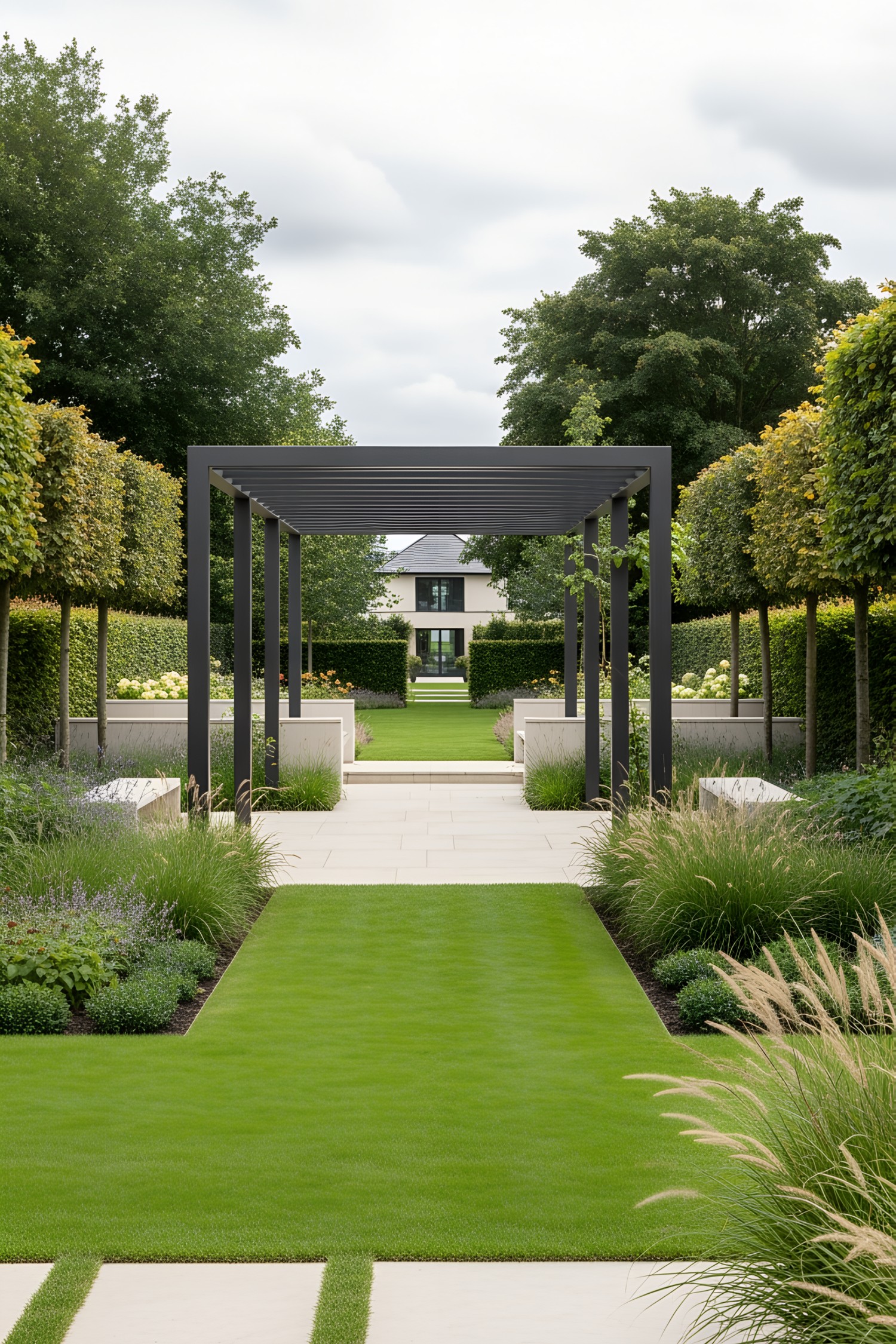 Modern pergola walkway leading to a garden