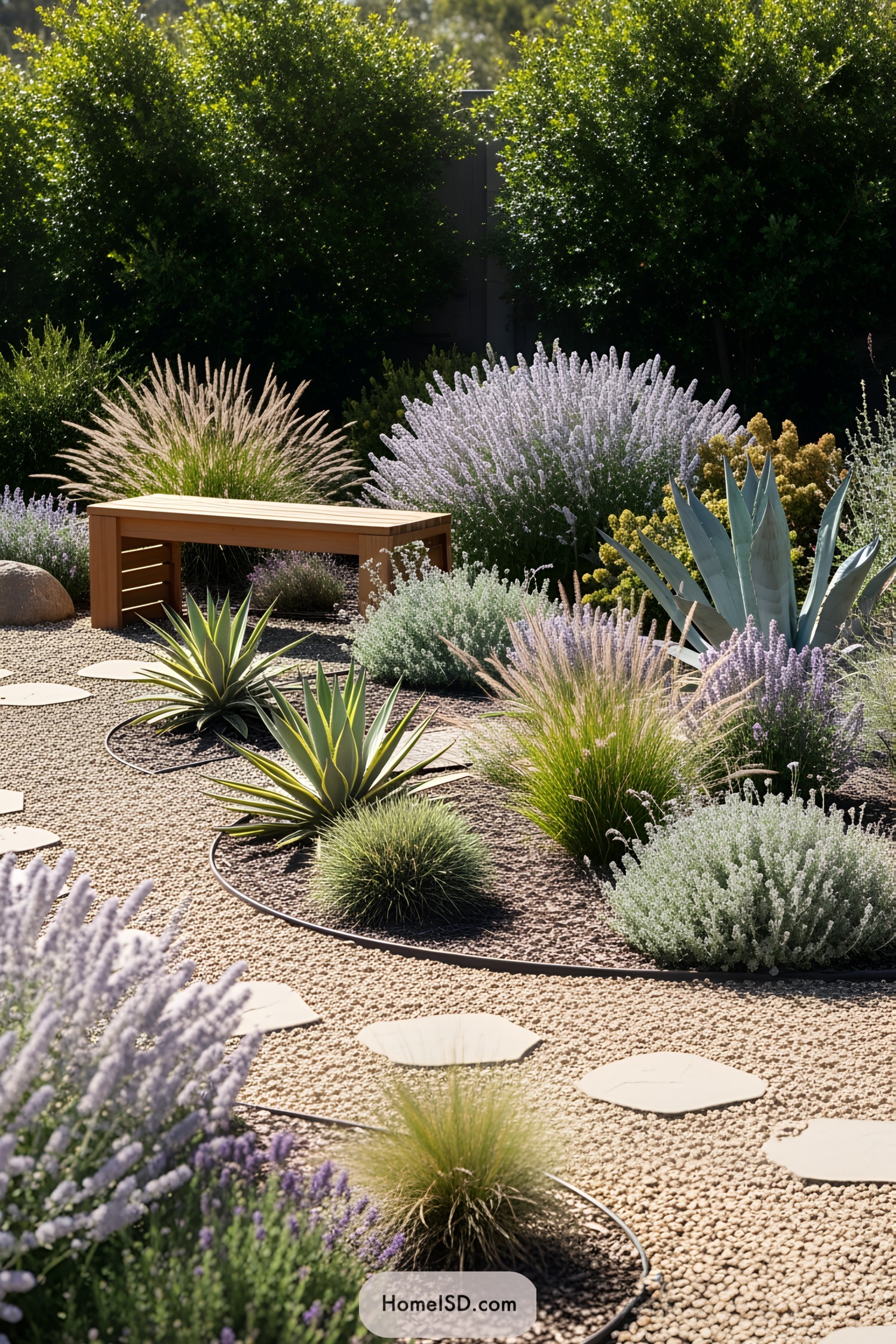 Lush dry garden with a wooden bench and desert plants