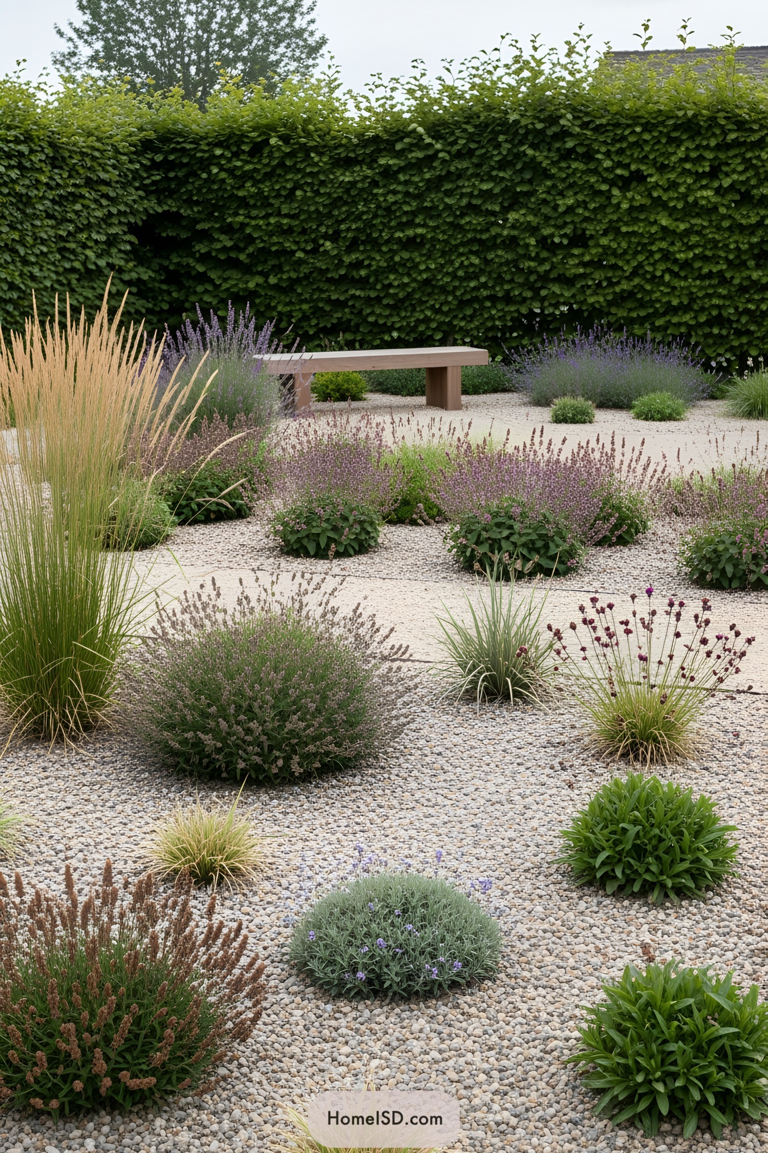Dry landscape with various plants and a wooden bench