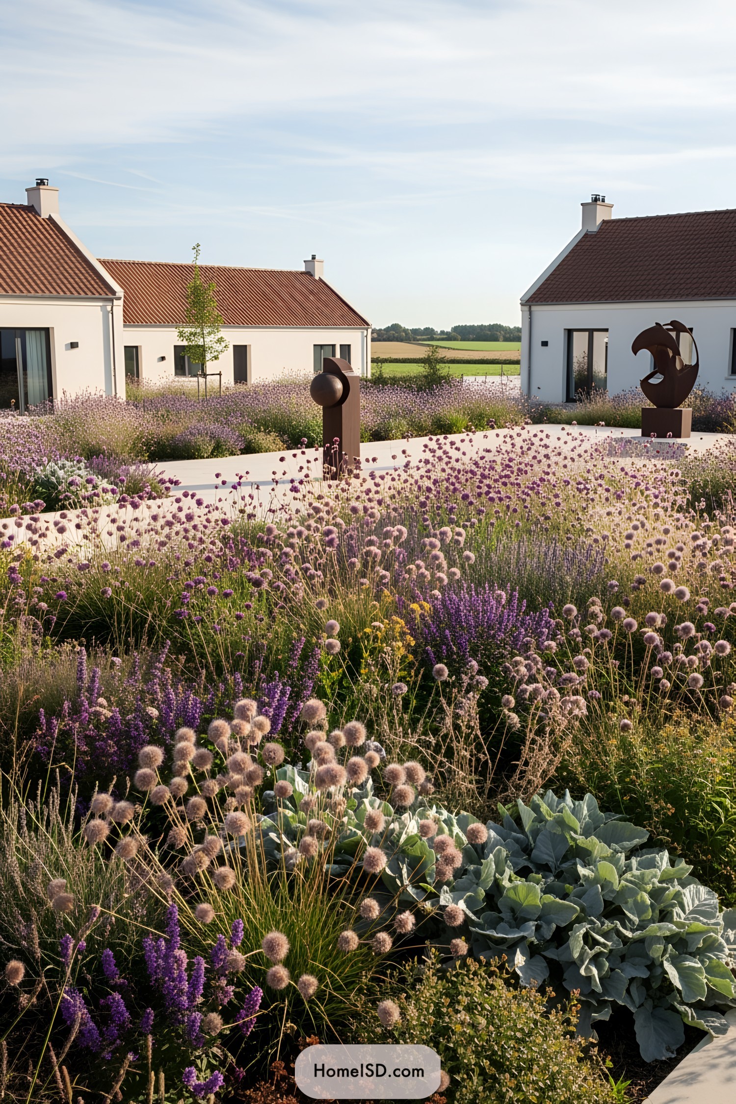 Arid landscape with sculptures and flowering plants