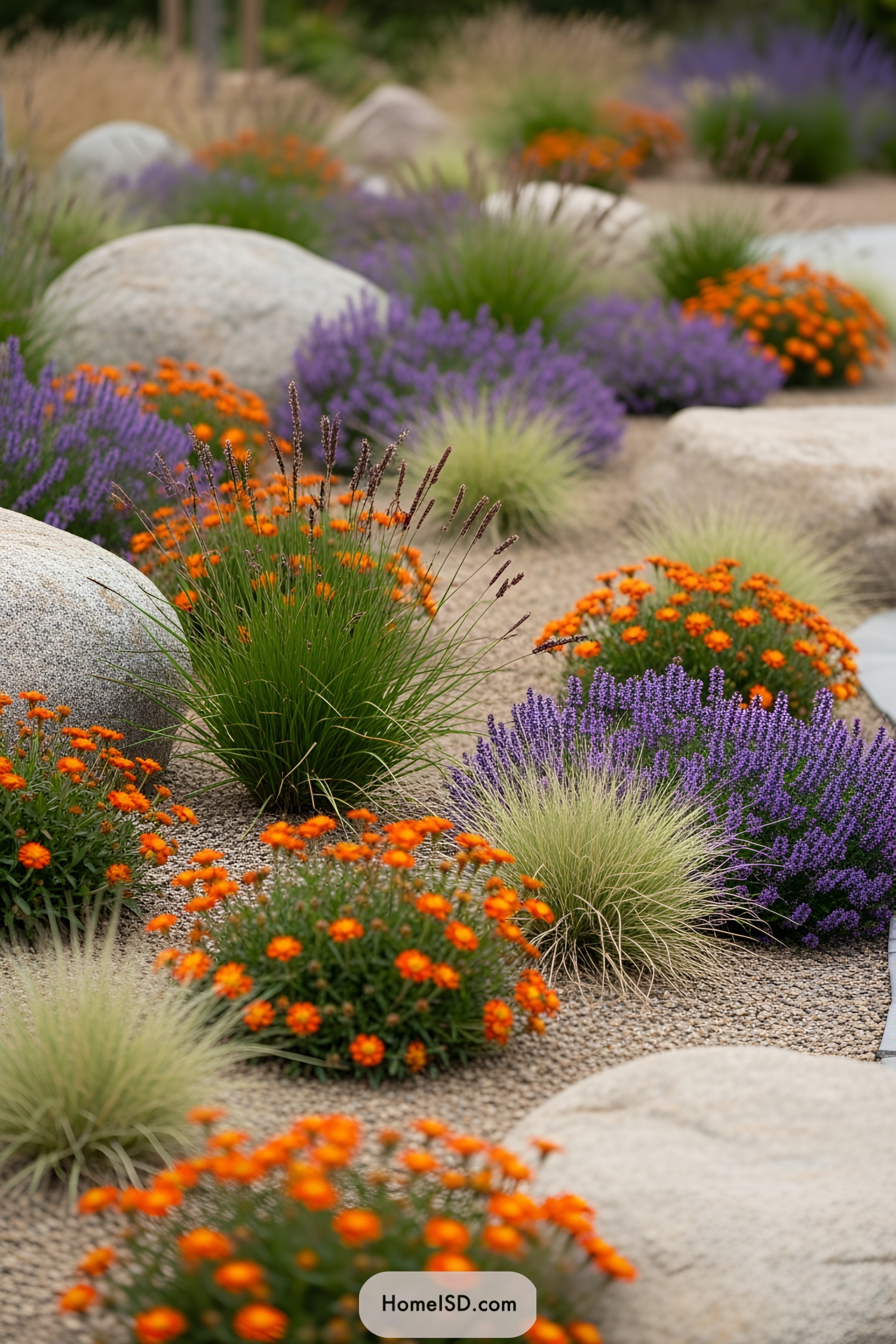 Colorful plants and rocks in a dry garden