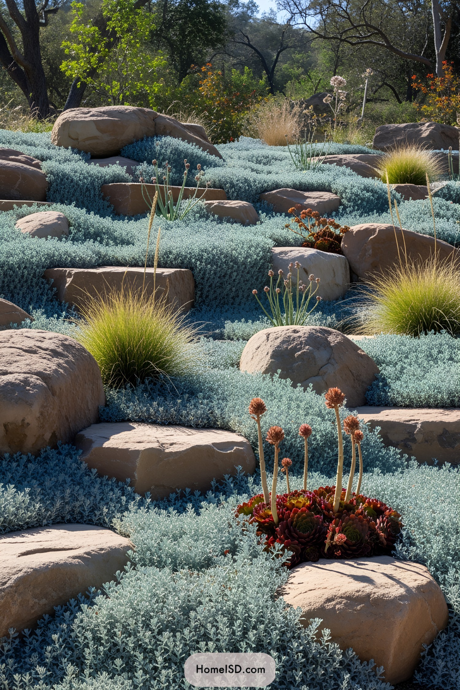 Rock garden with stones, foliage, and succulents