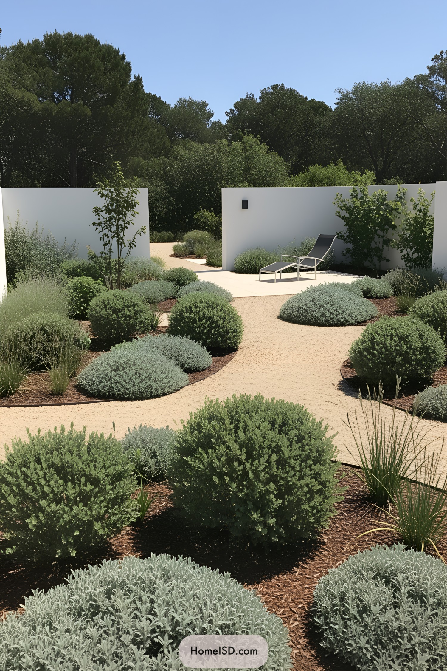 A dry garden with sculpted shrubs and a path leading to a lounge chair