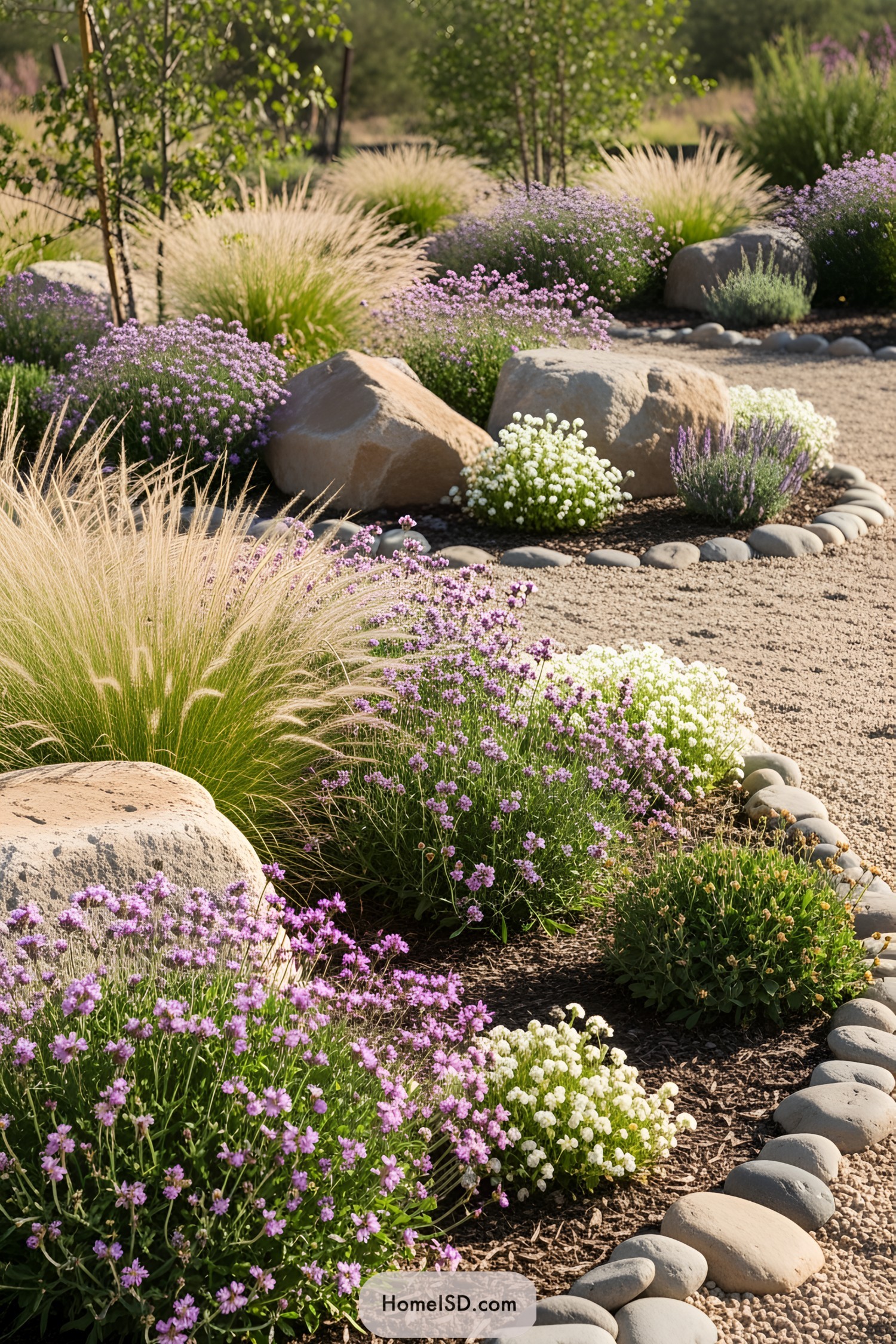 Rocky landscape with flowering plants and shrubs