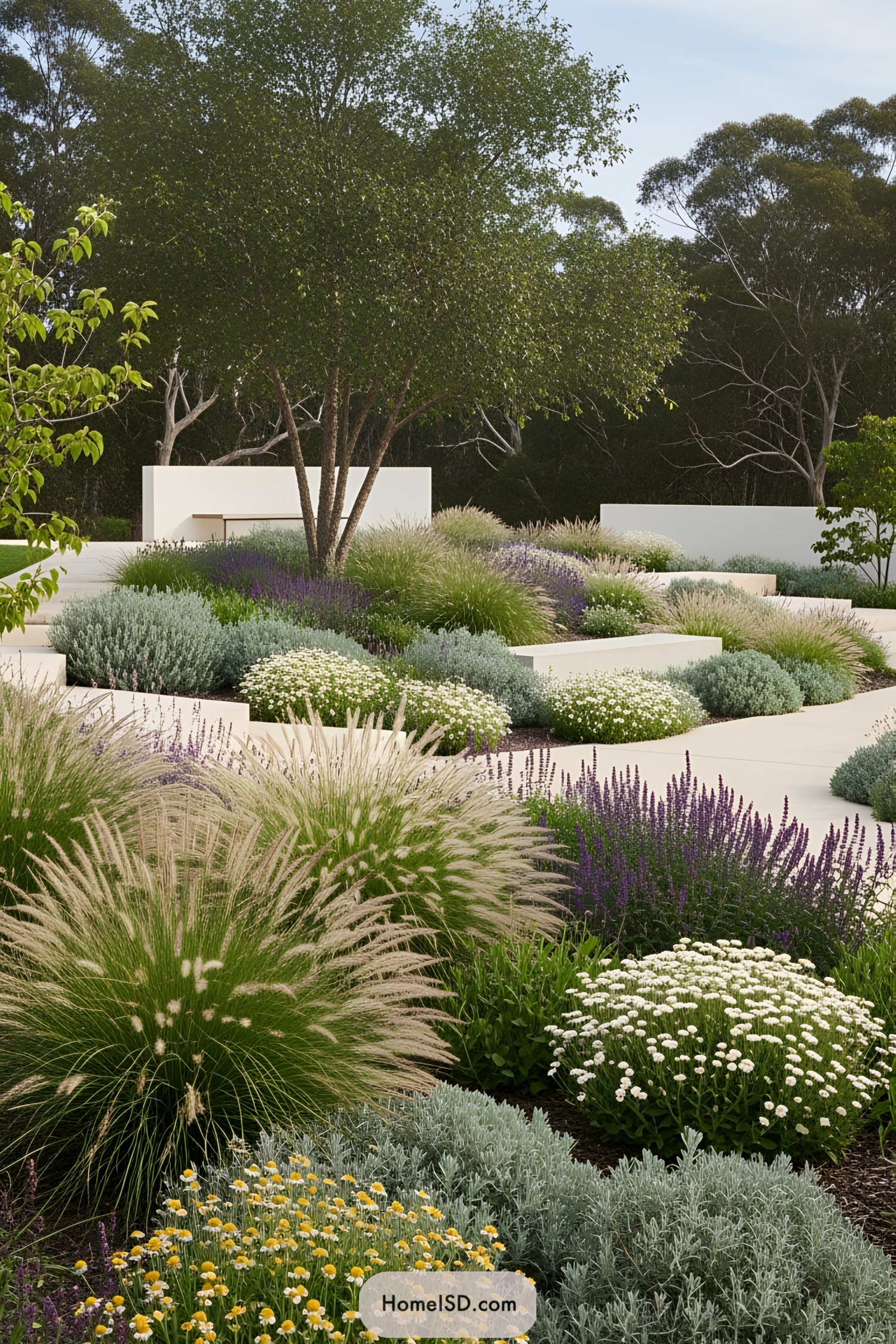 Lush dry garden with diverse plants and trees