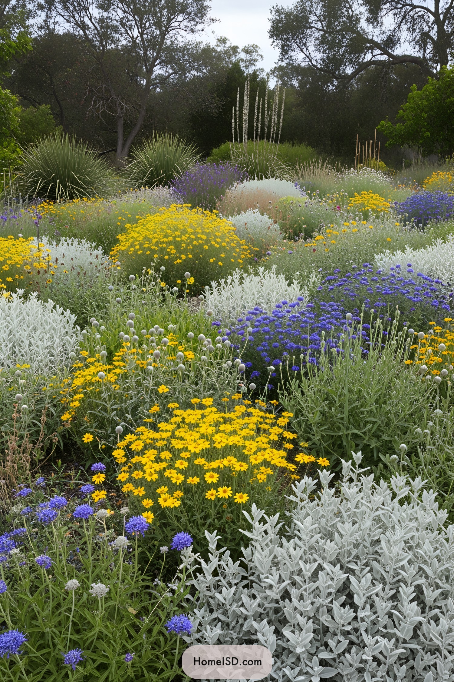 Vibrant dry garden showcasing colorful flowers and textured plants