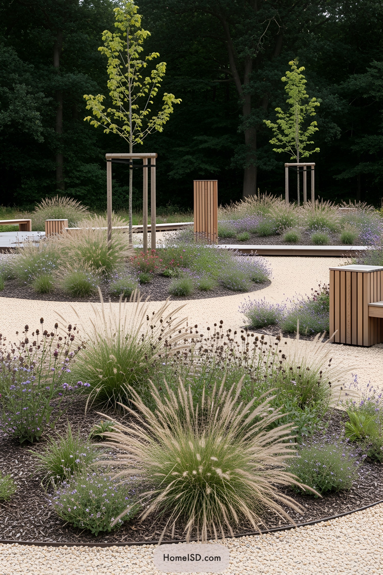 Stylish dry garden with gravel paths and wooden structures
