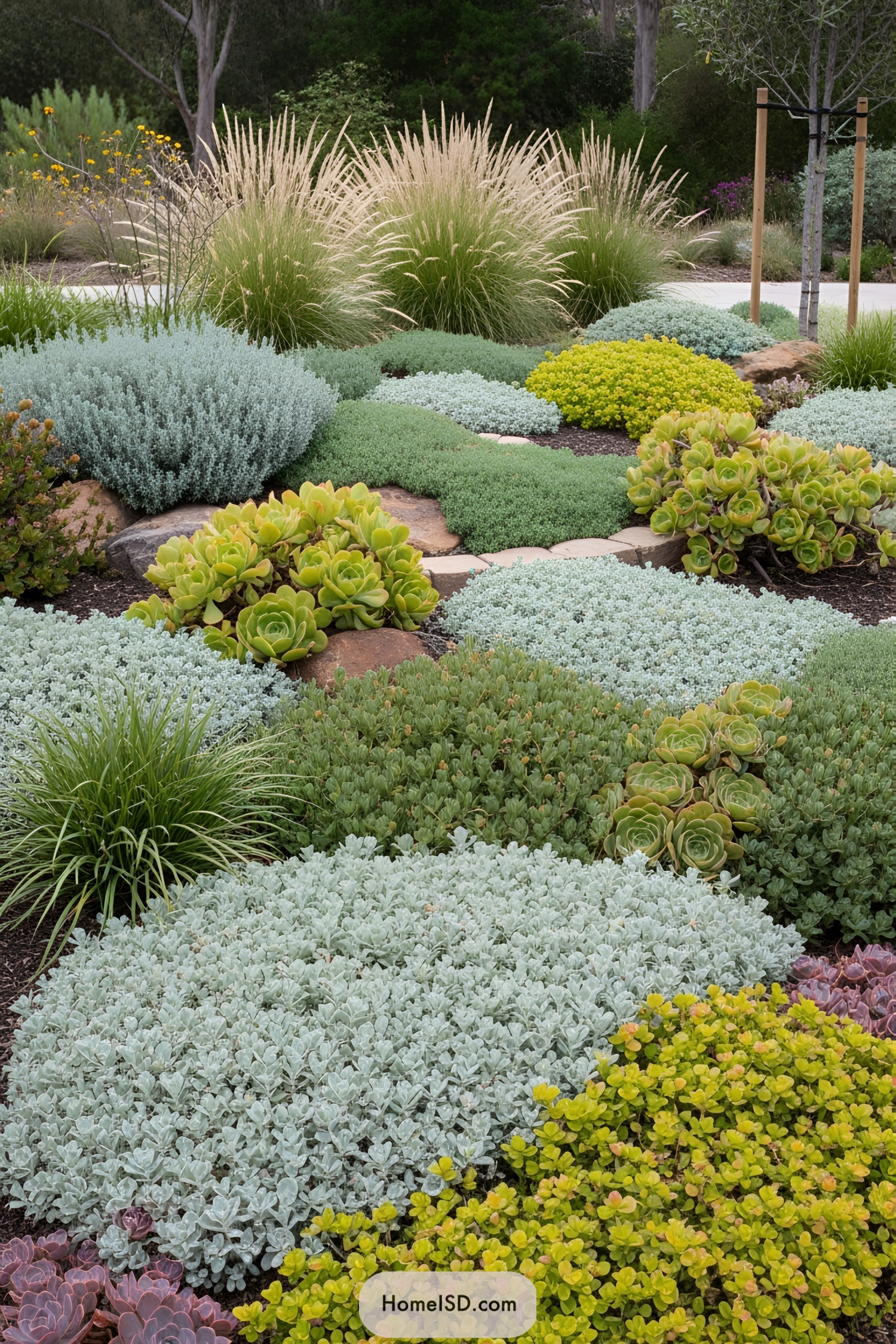 Lush succulents and grasses in a dry garden layout