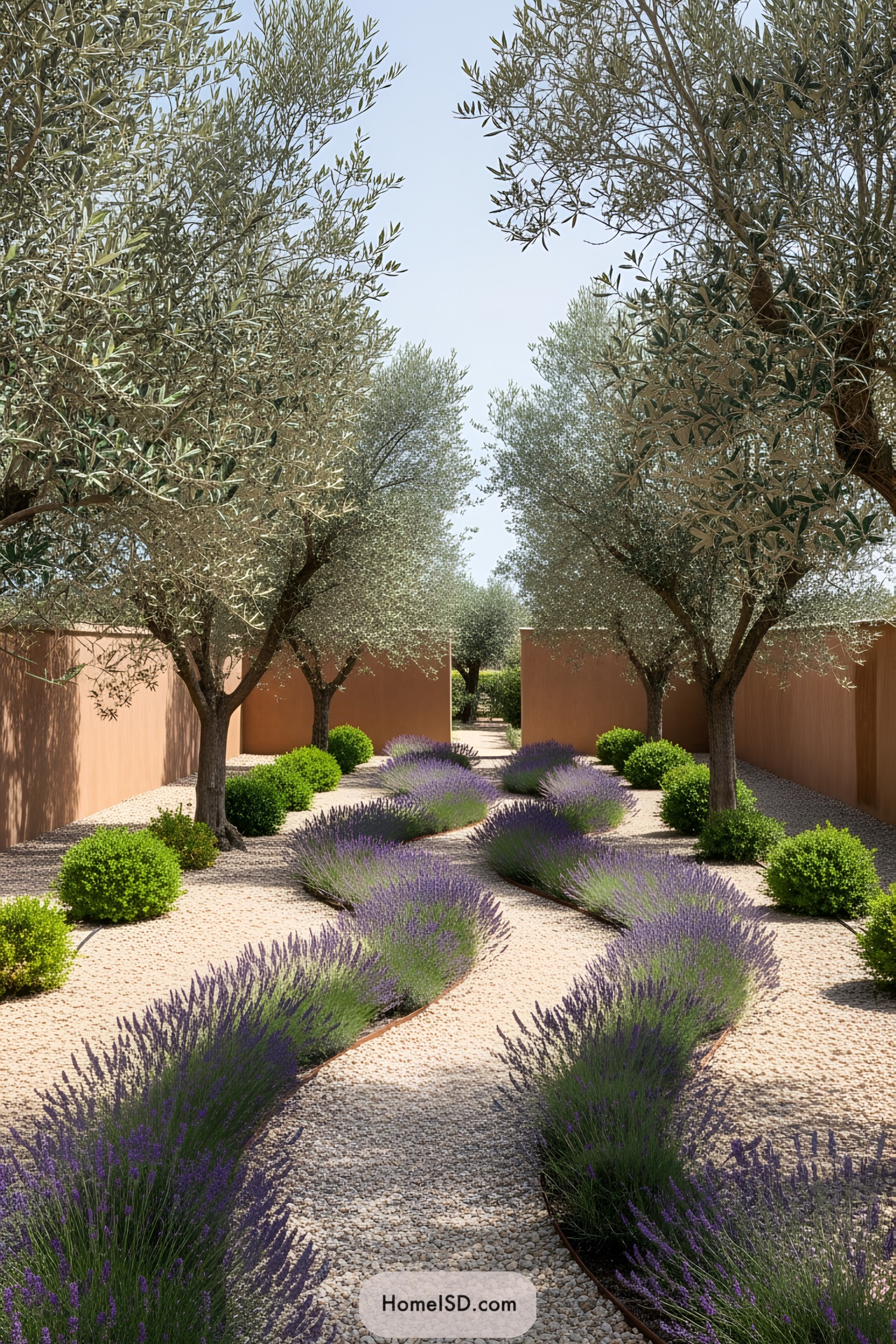 Pathway lined with lavender, olive trees, and smooth pebble stones