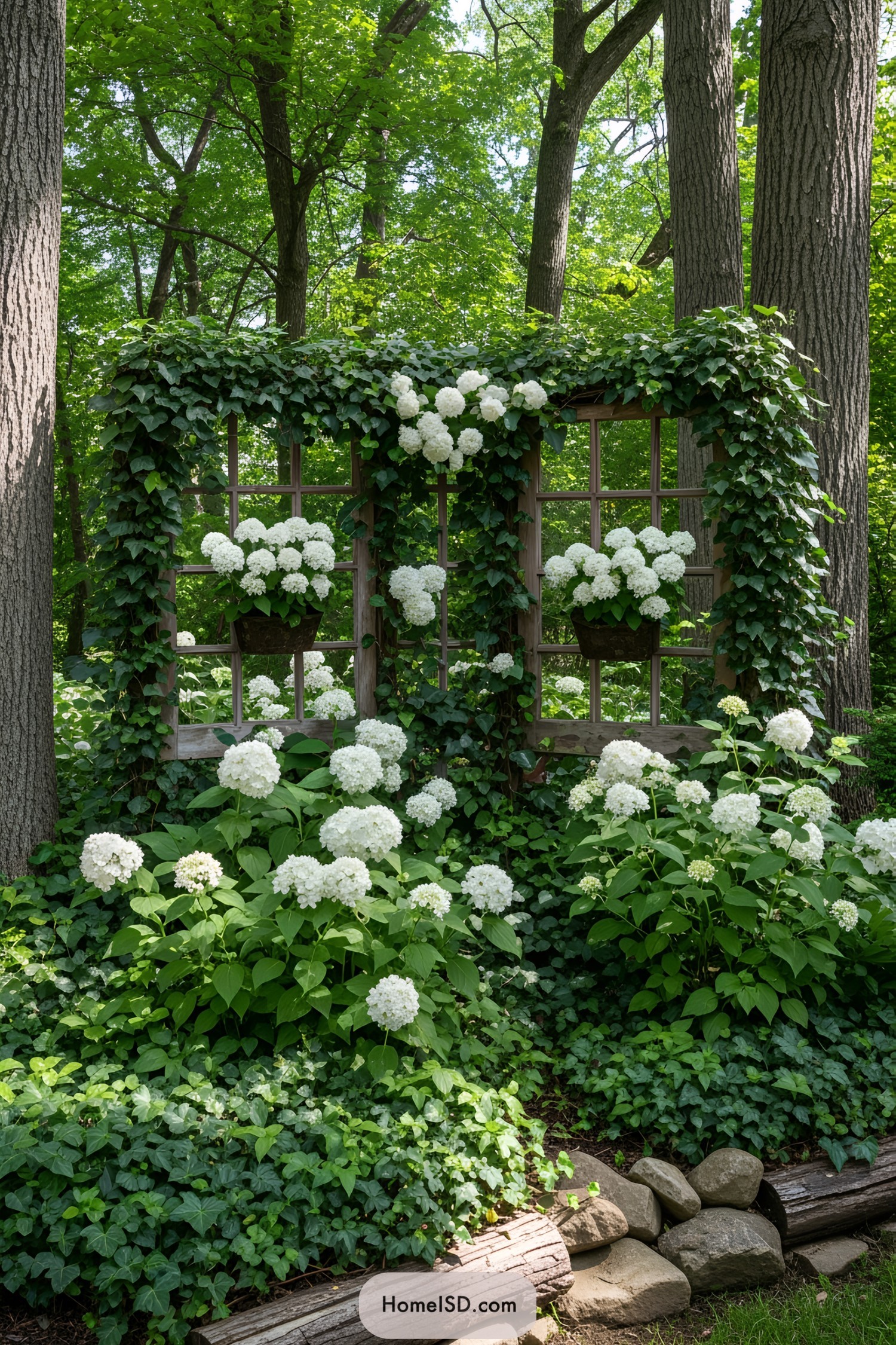 Wooden trellis adorned with white flowers and ivy in a forest