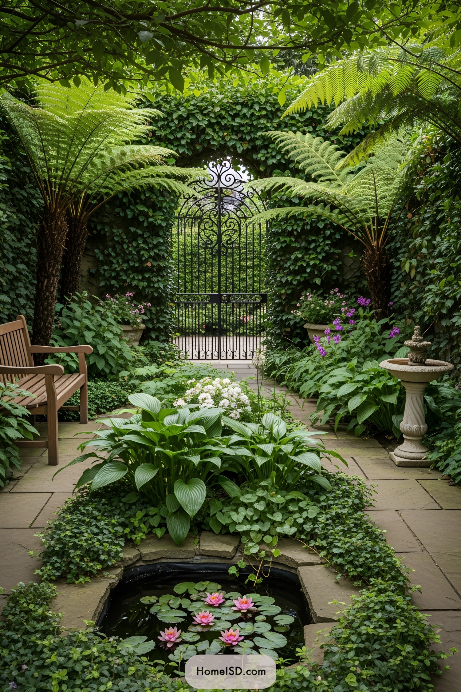 Lush garden with ferns, a bench, and a wrought iron gate