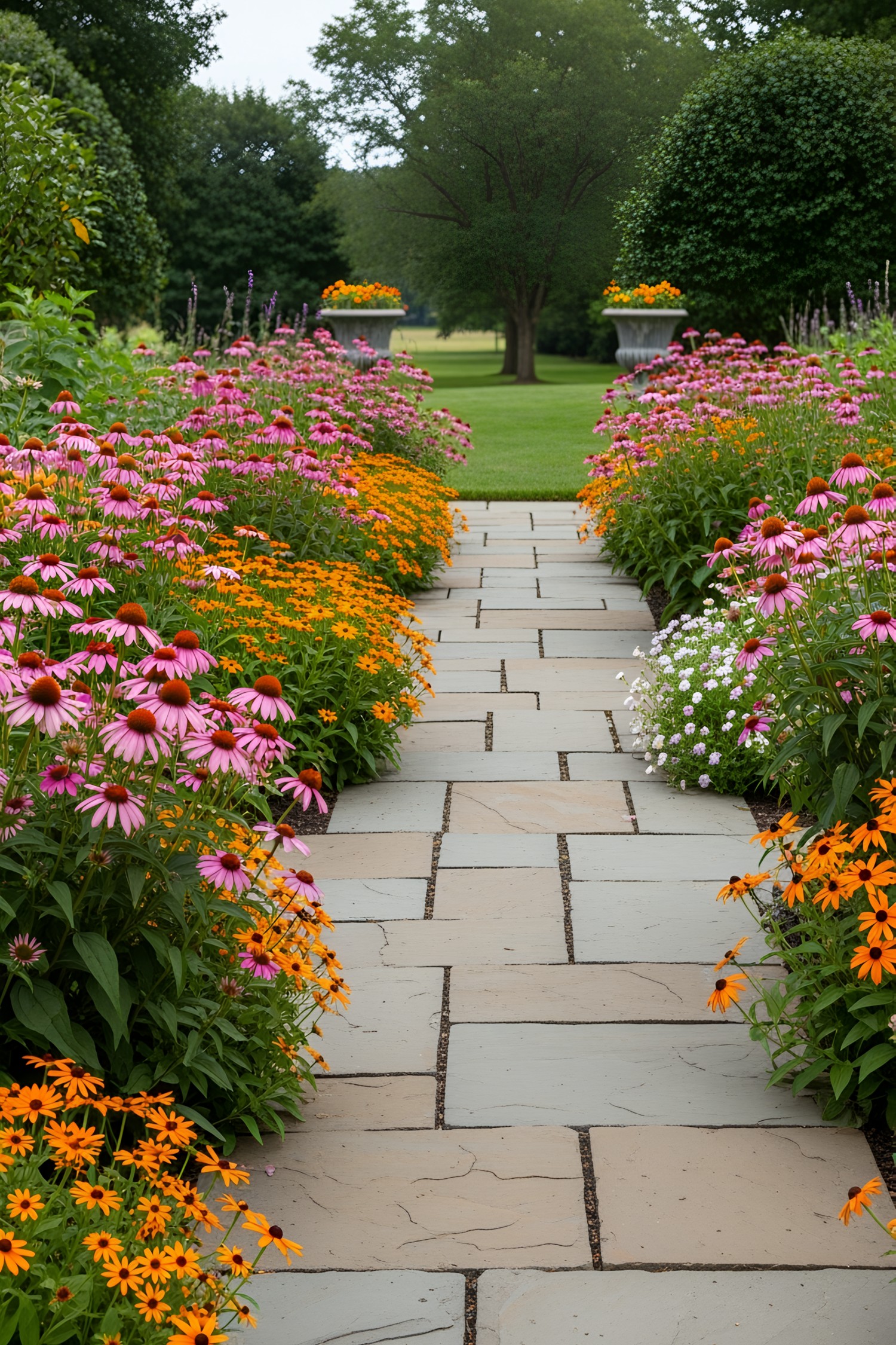 Flagstone path surrounded by vibrant flowers