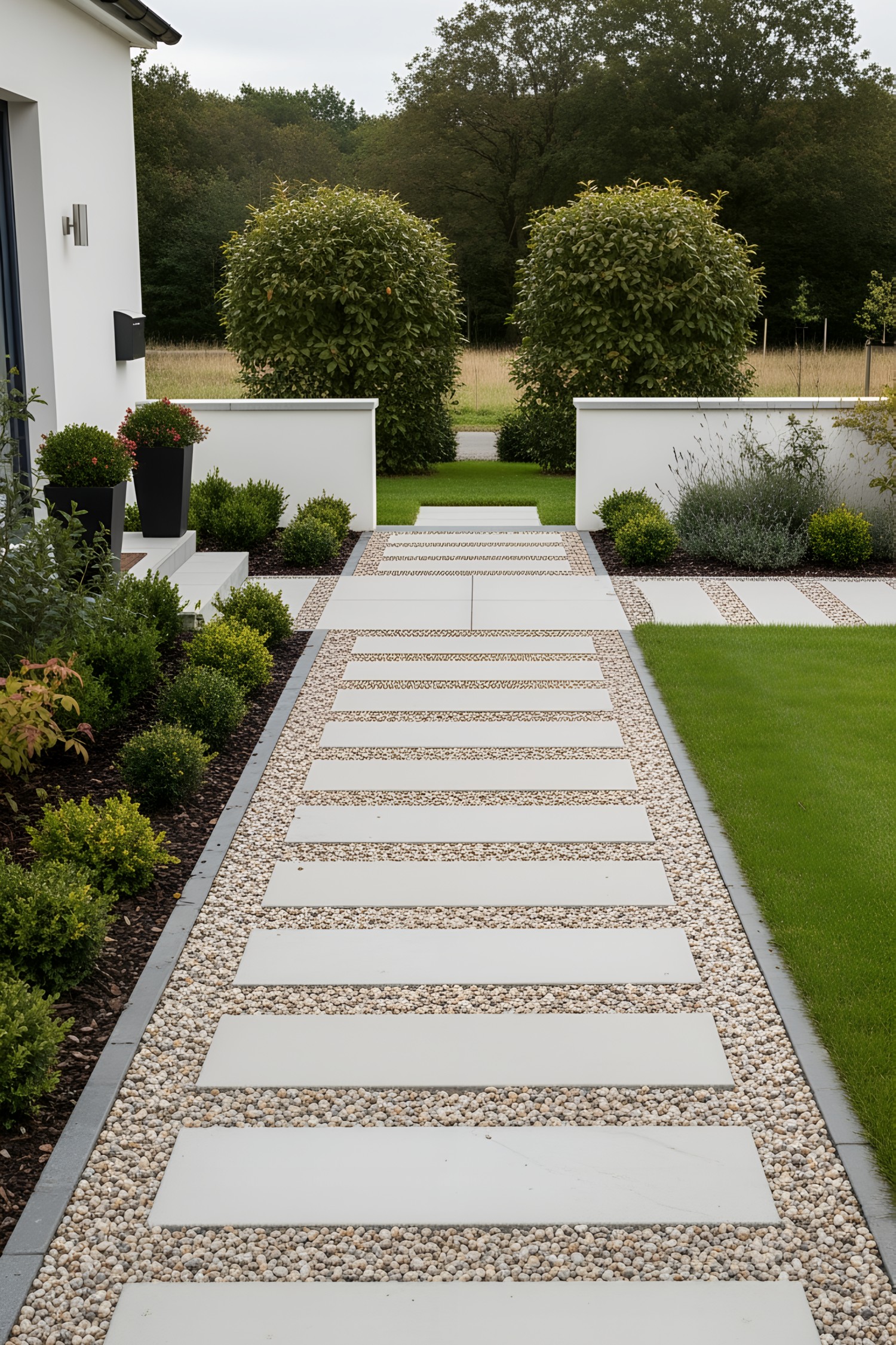 Modern front yard walkway with pebbles and rectangular pavers leading to a garden