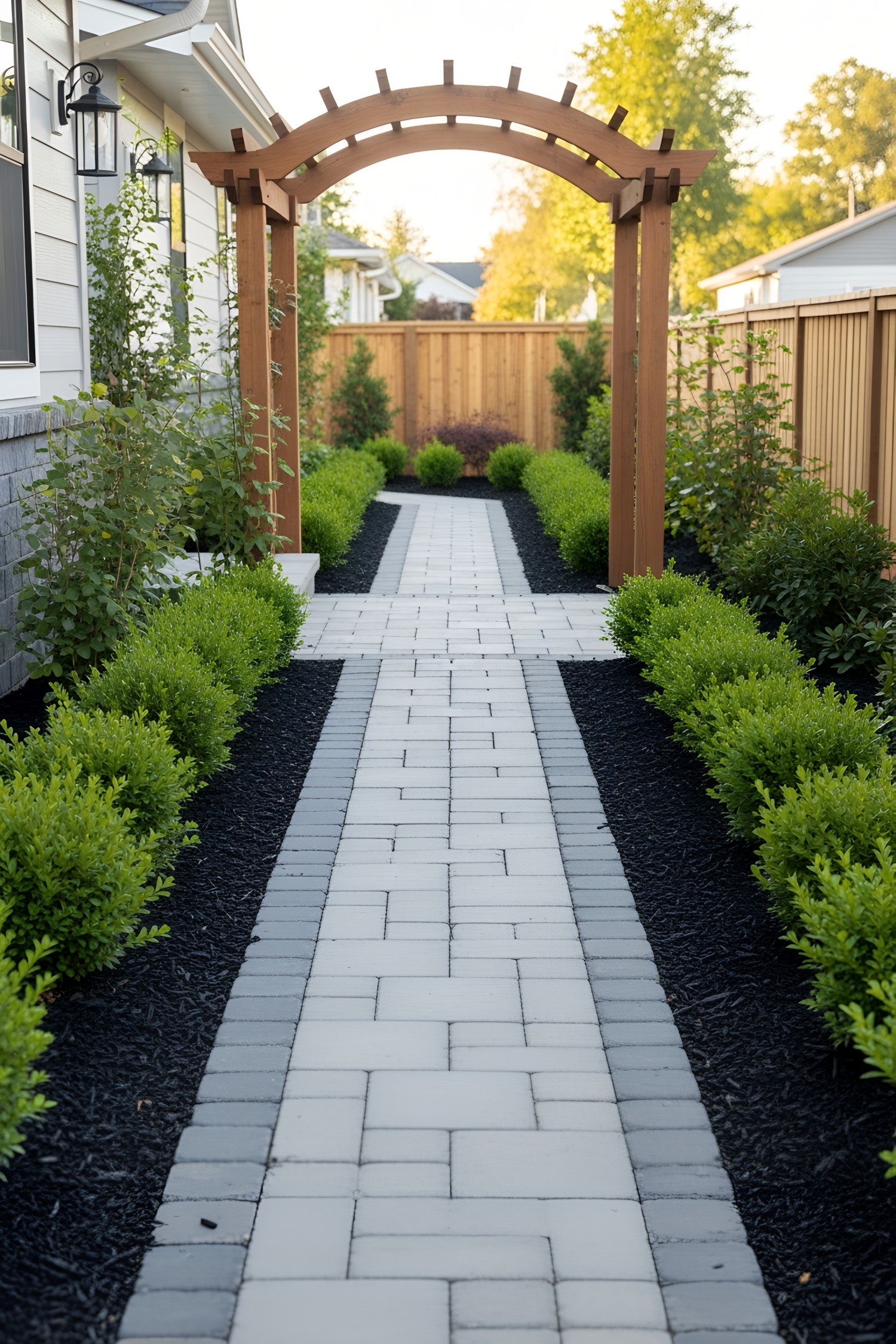 Brick pathway under a wooden arch, bordered by lush greenery