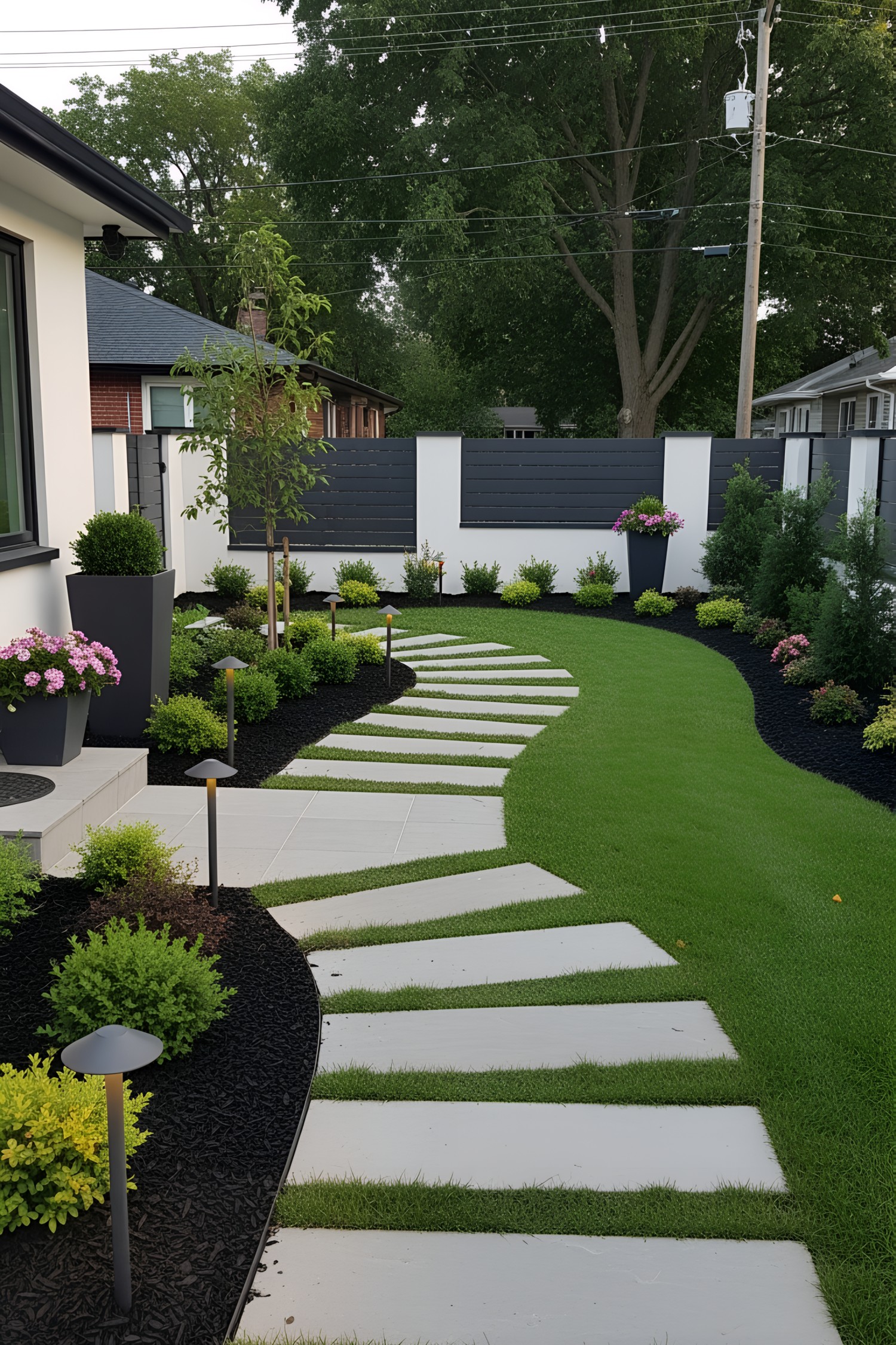 Curved stone pathway surrounded by lush greenery and a modern fence