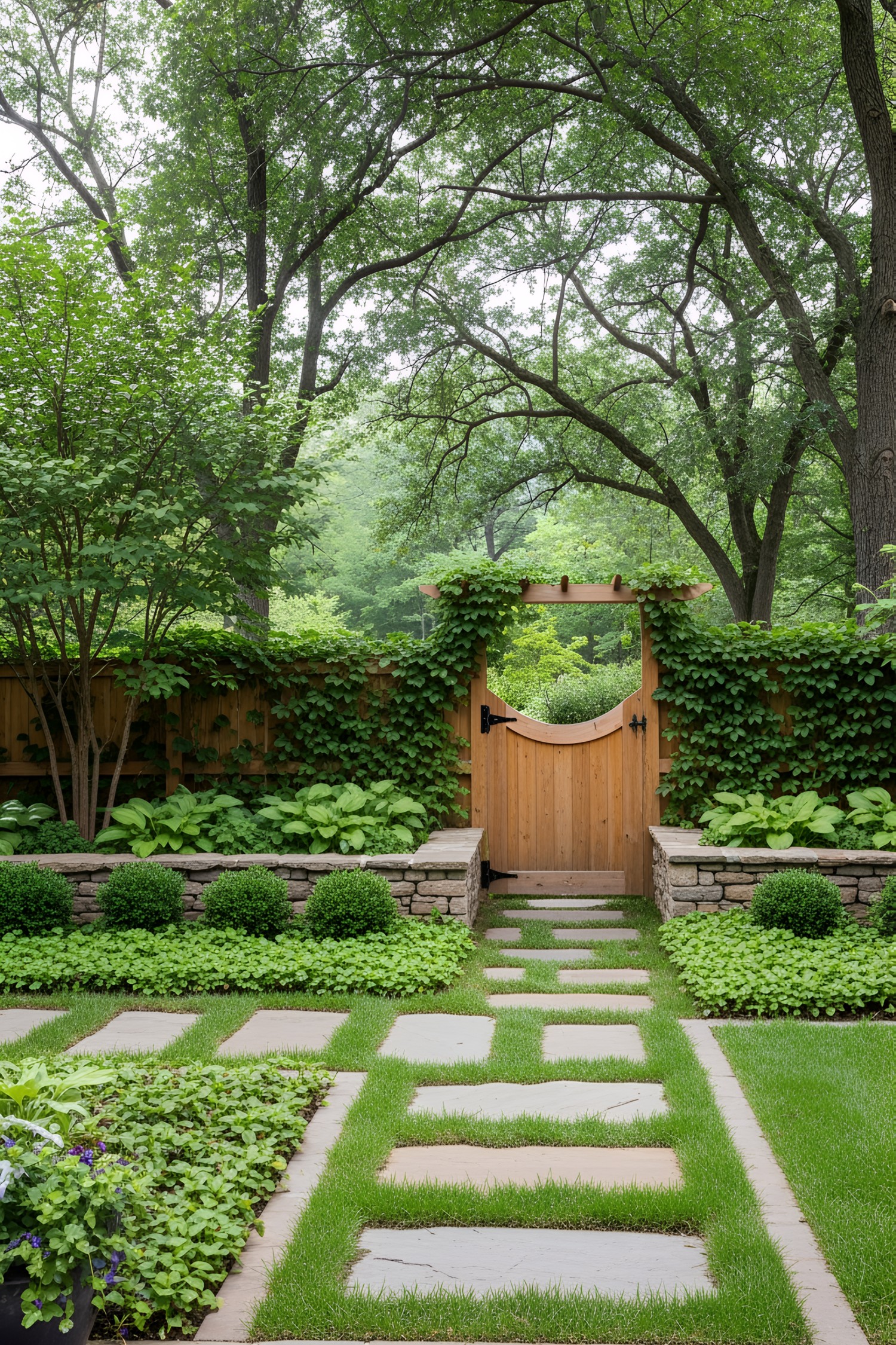 Charming garden gate with a stone walkway amidst lush greenery