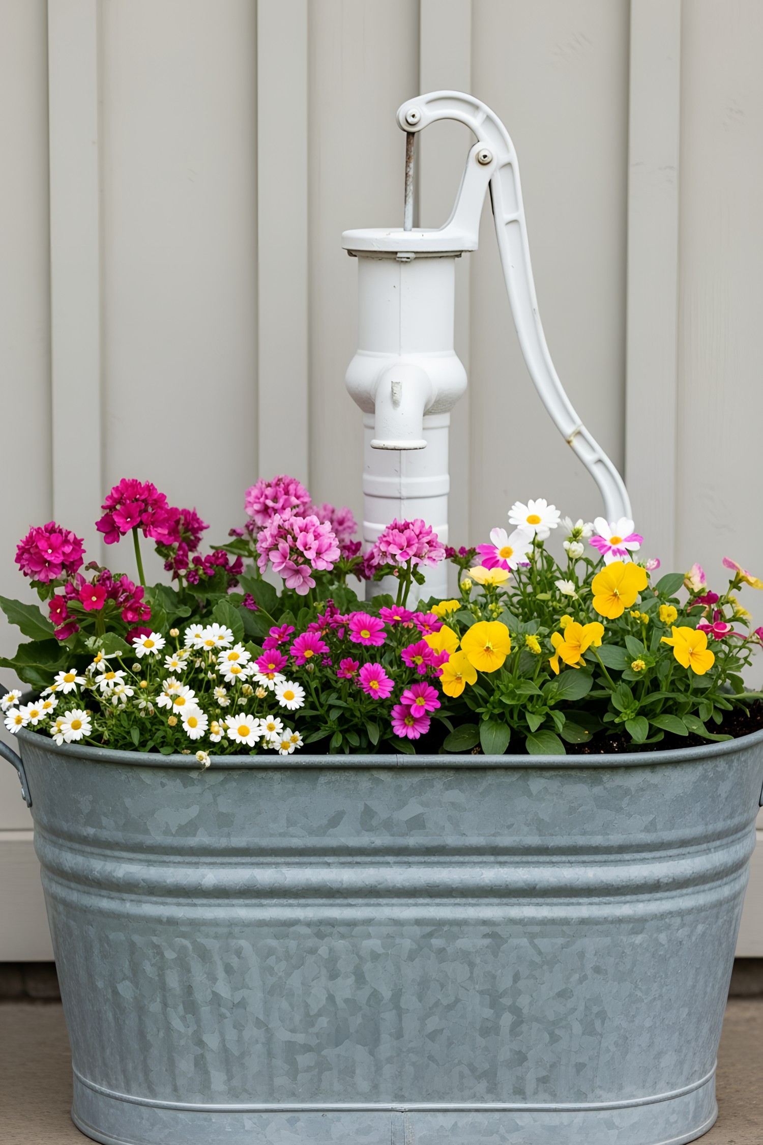 Colorful flowers blooming in a galvanized tub with a vintage pump