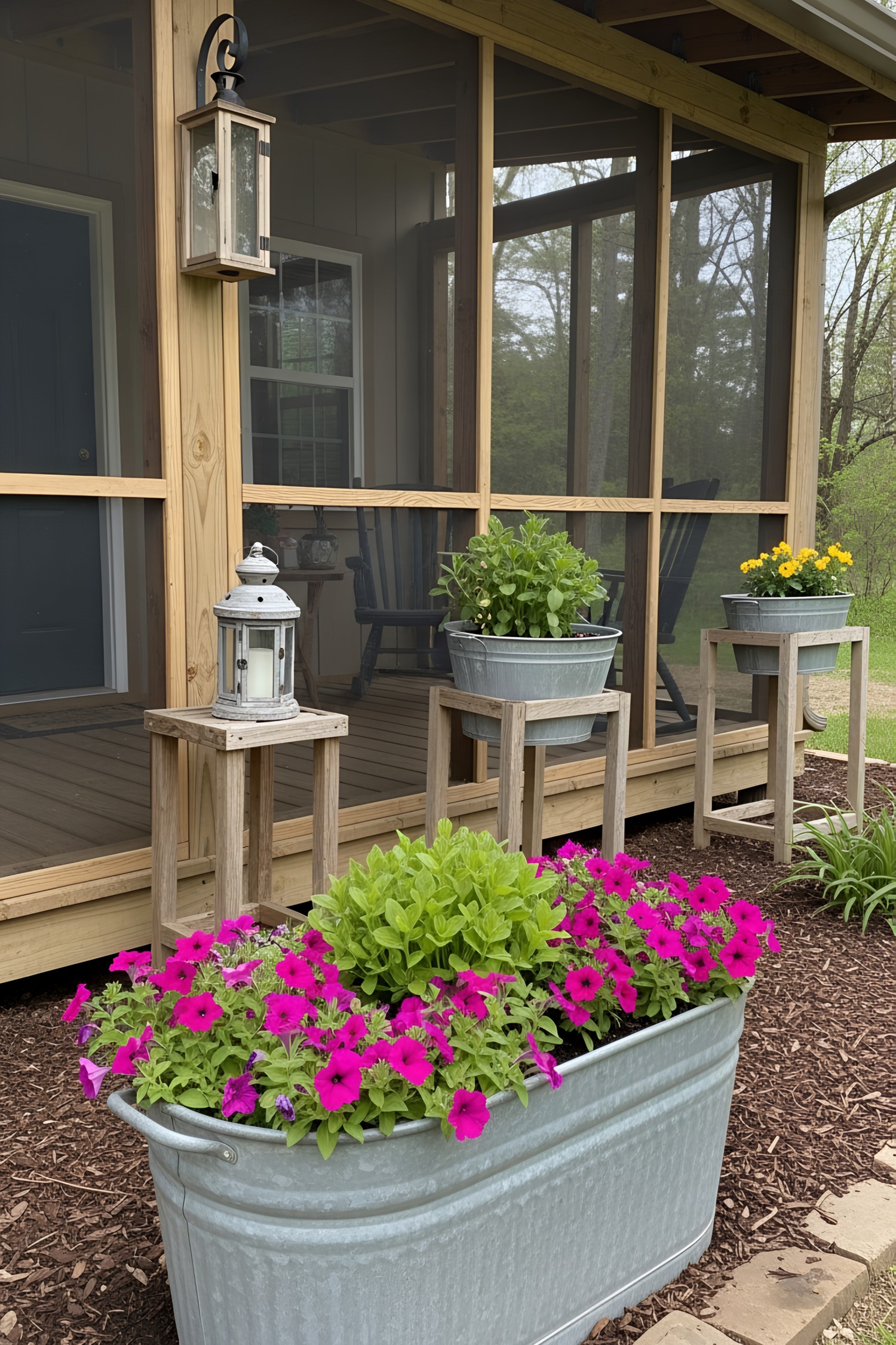A cozy porch with galvanized tub planters full of colorful flowers