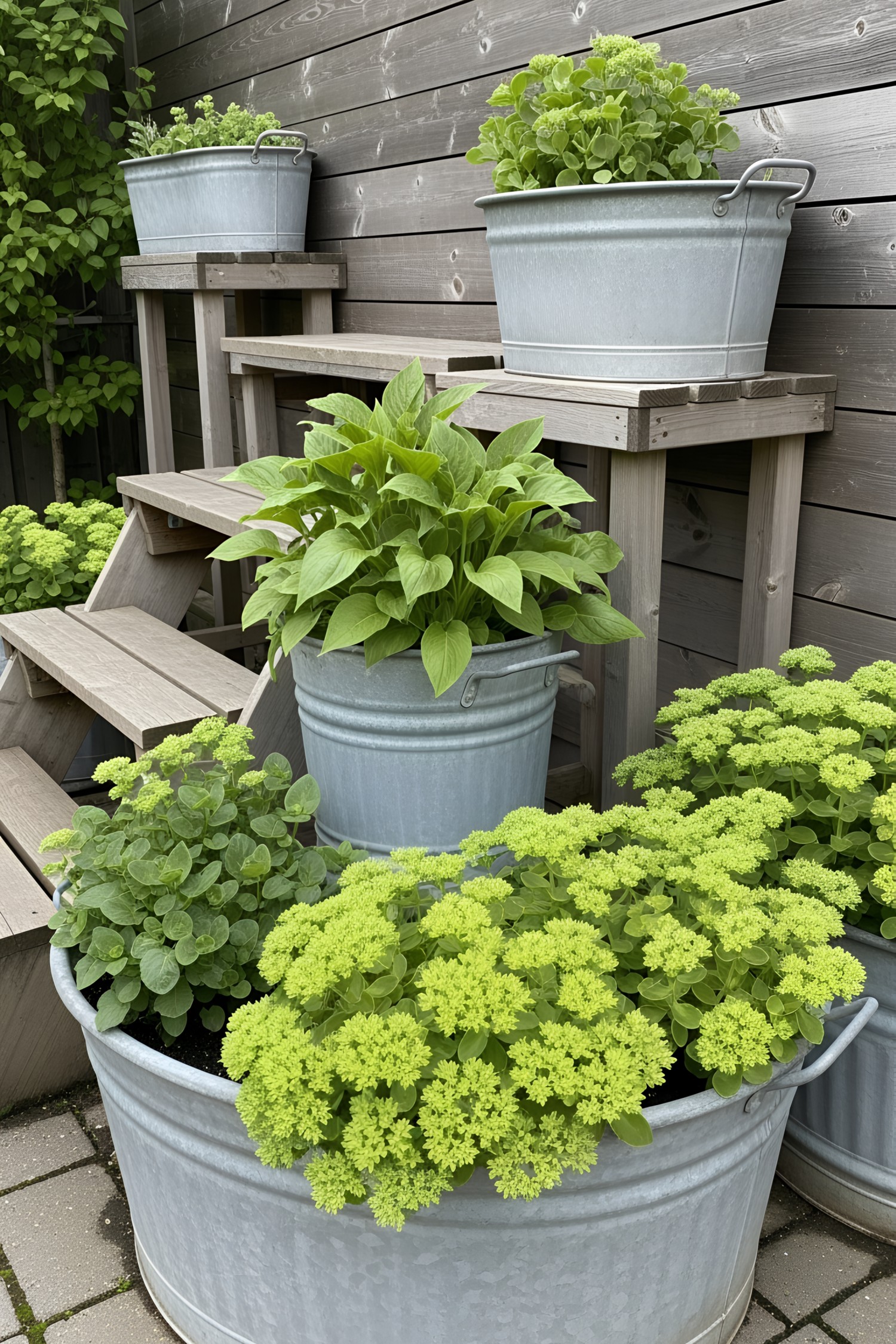 Galvanized tubs with lush plants arranged on wooden steps