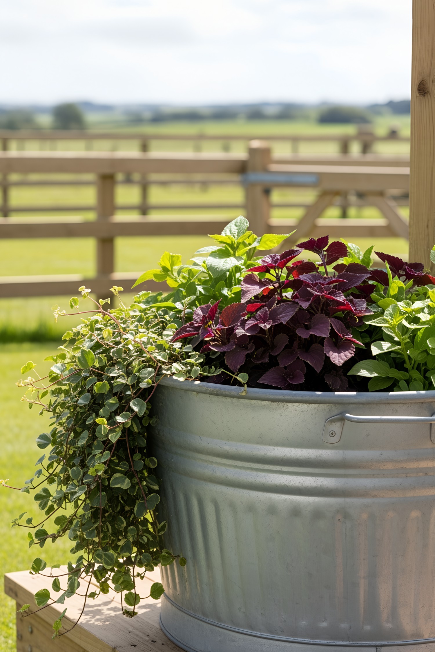 Colorful plants thriving in a galvanized tub planter on a wooden deck