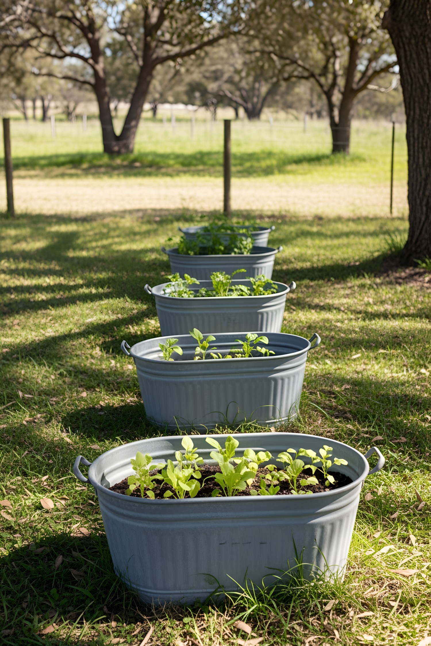 Galvanized tubs lined up with plants outdoors
