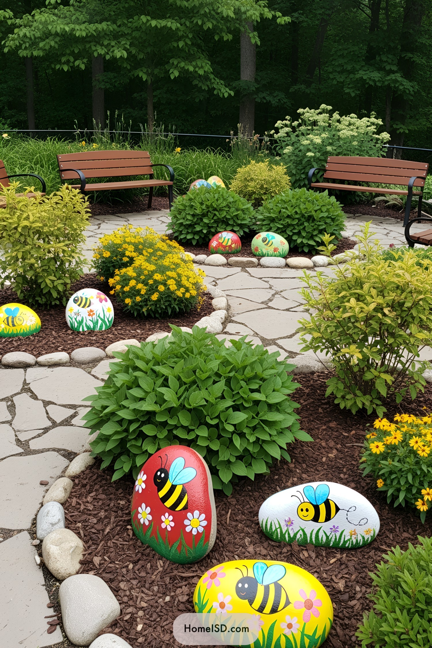Colorful painted stones with bee designs in a garden