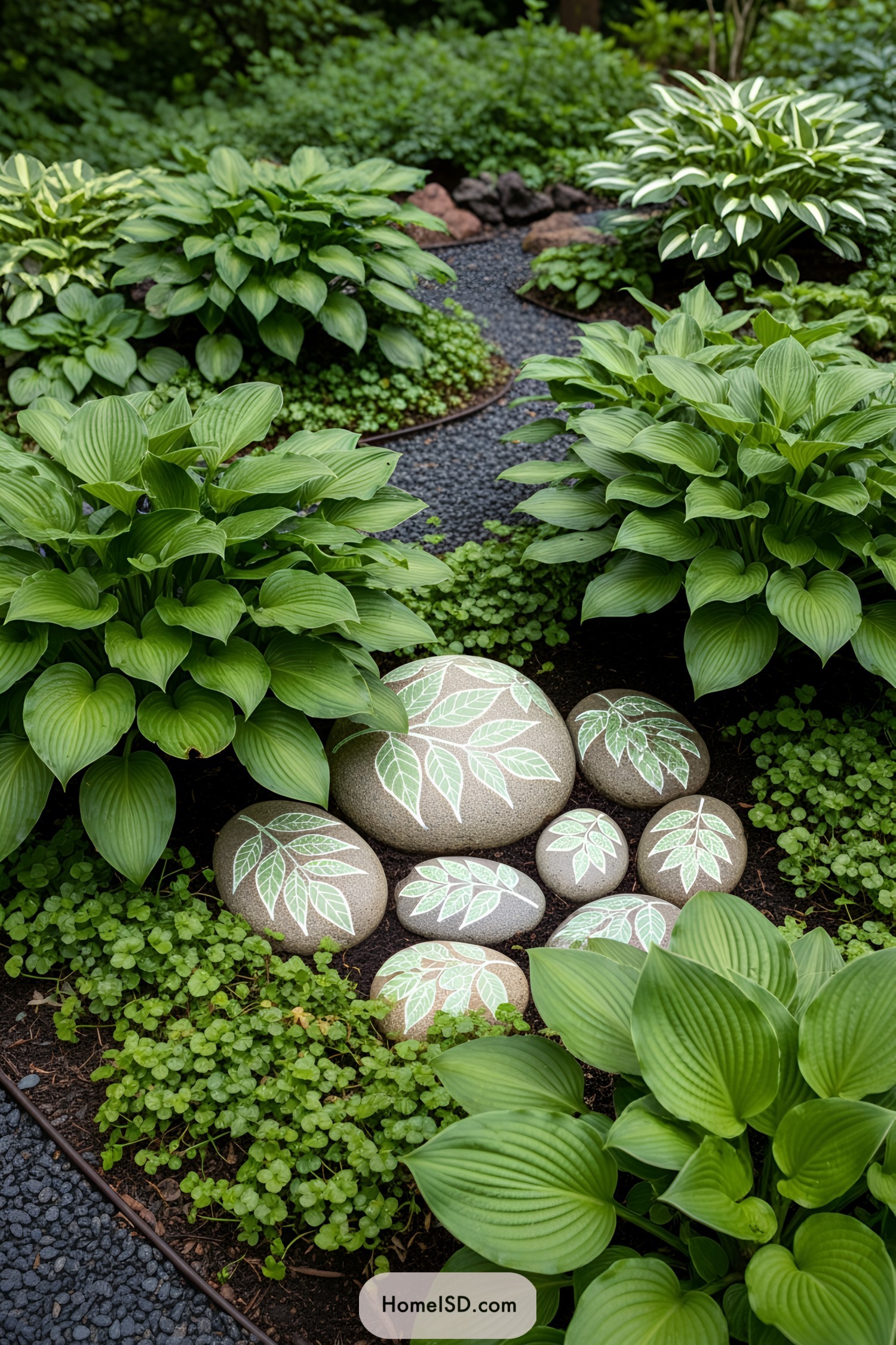 Decorative stones in leafy garden