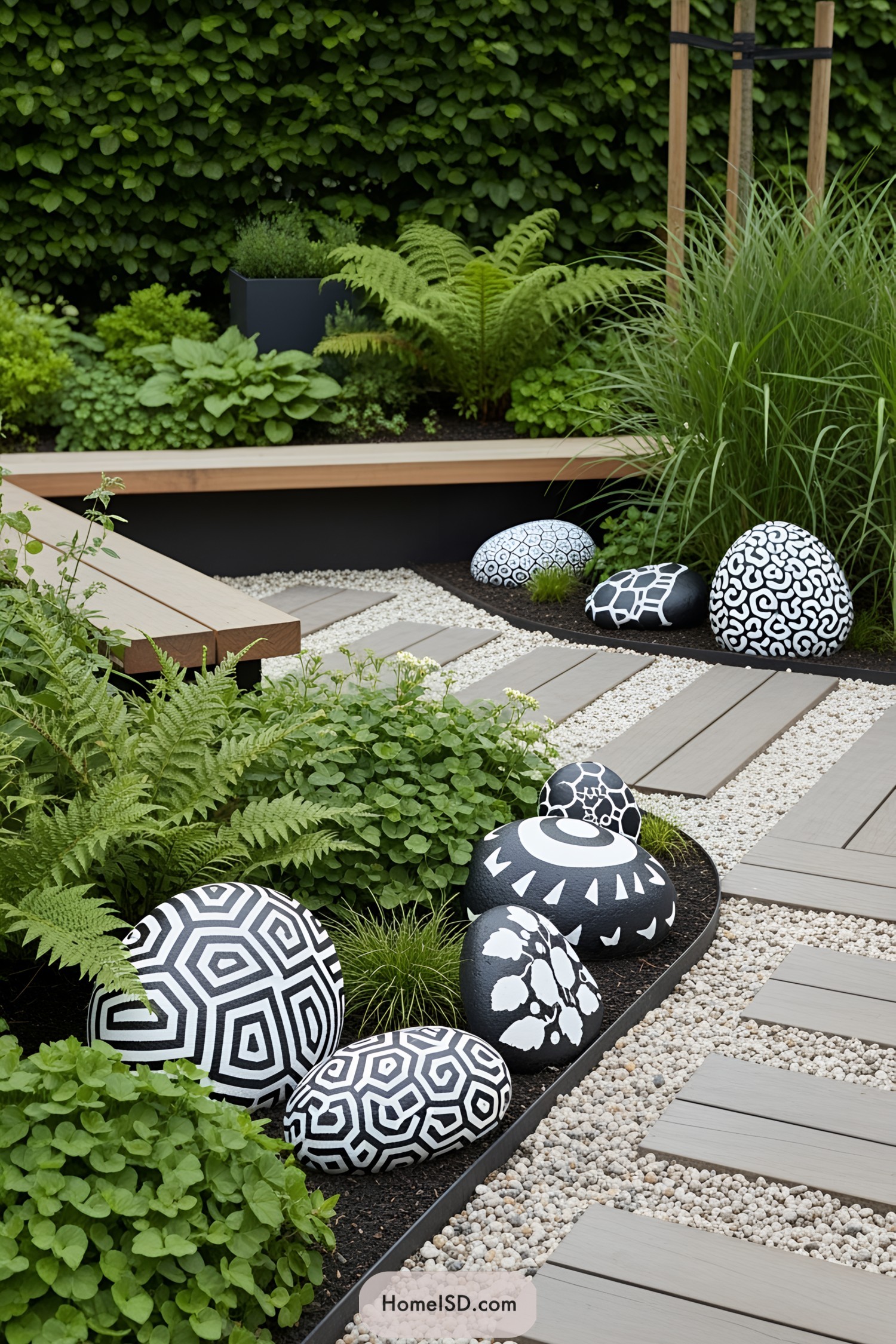 Decorative black and white stones in a modern garden landscape