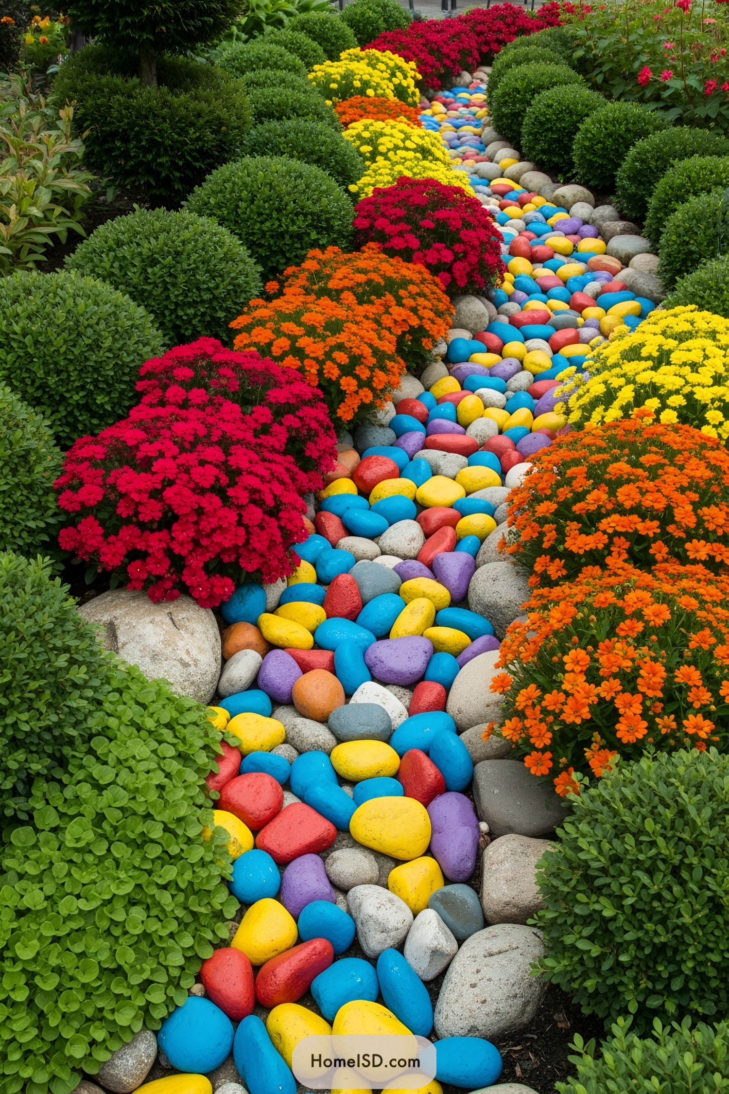 Vibrant painted stones in a garden path surrounded by lush greenery and flowers