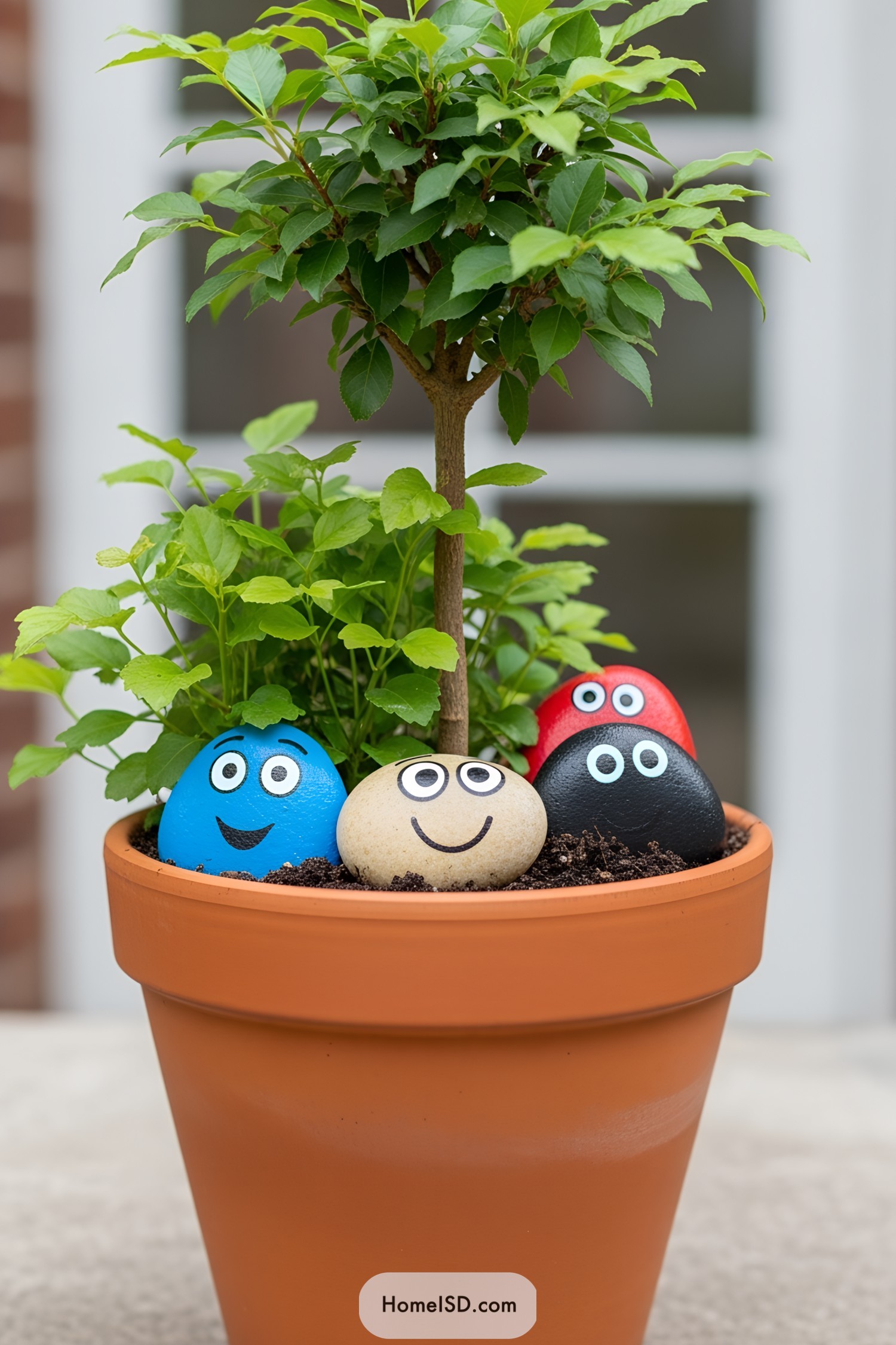 Colorful painted stones with faces in a potted plant